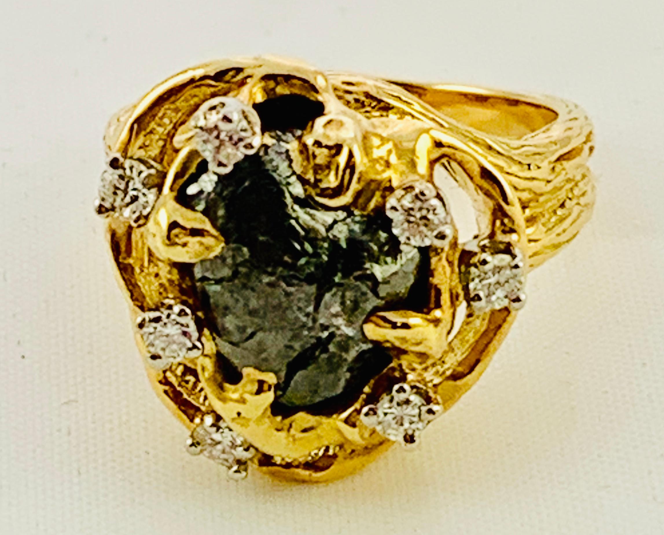 Peter Linderman 18 Karat Yellow Gold, Diamond and Rough Diamond Ladies Ring For Sale 2