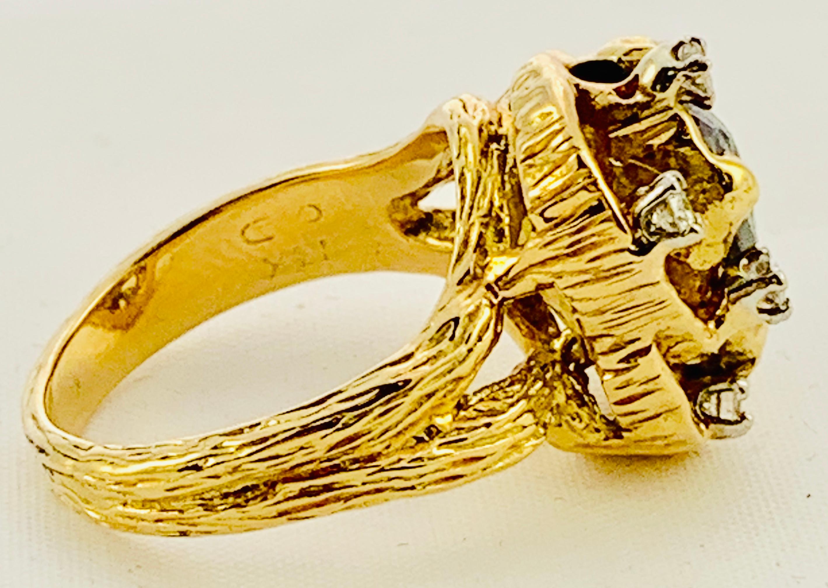 Round Cut Peter Linderman 18 Karat Yellow Gold, Diamond and Rough Diamond Ladies Ring For Sale