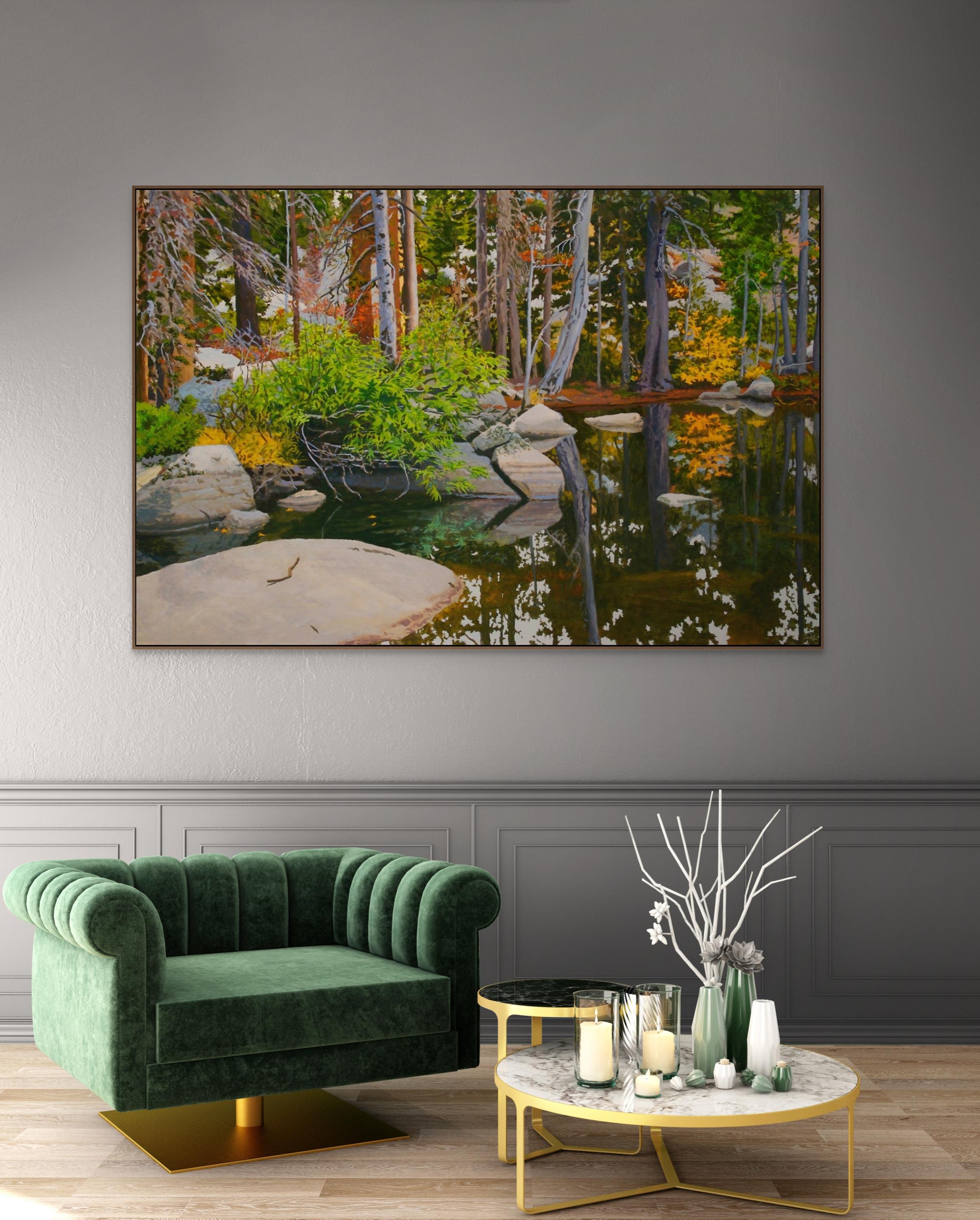 Autunno riflesso / natura realista 44 x66 cm. olio su tela - Painting di Peter Loftus