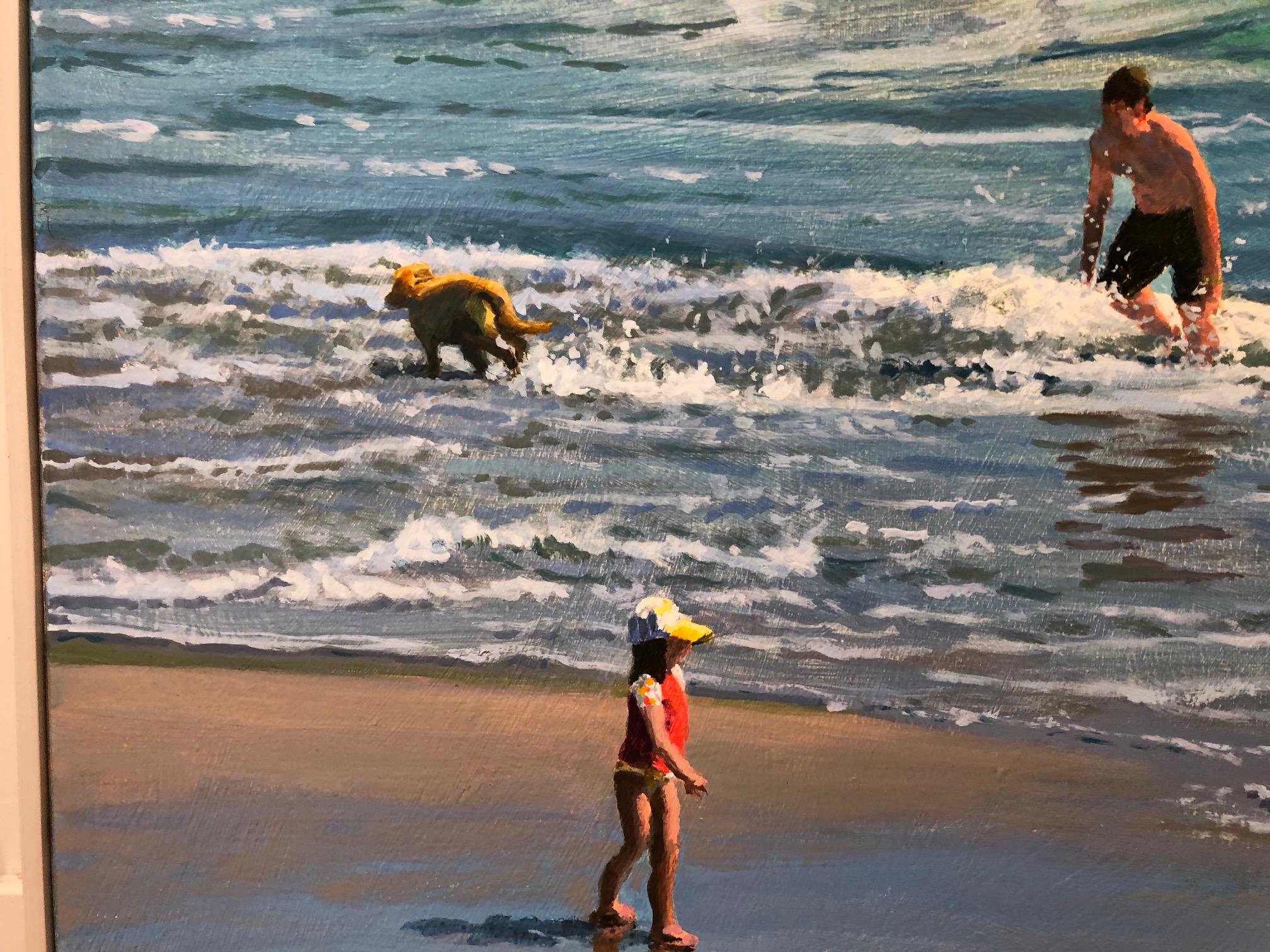 Beach Play / Ocean scene with children and dog - Contemporary Painting by Peter Loftus