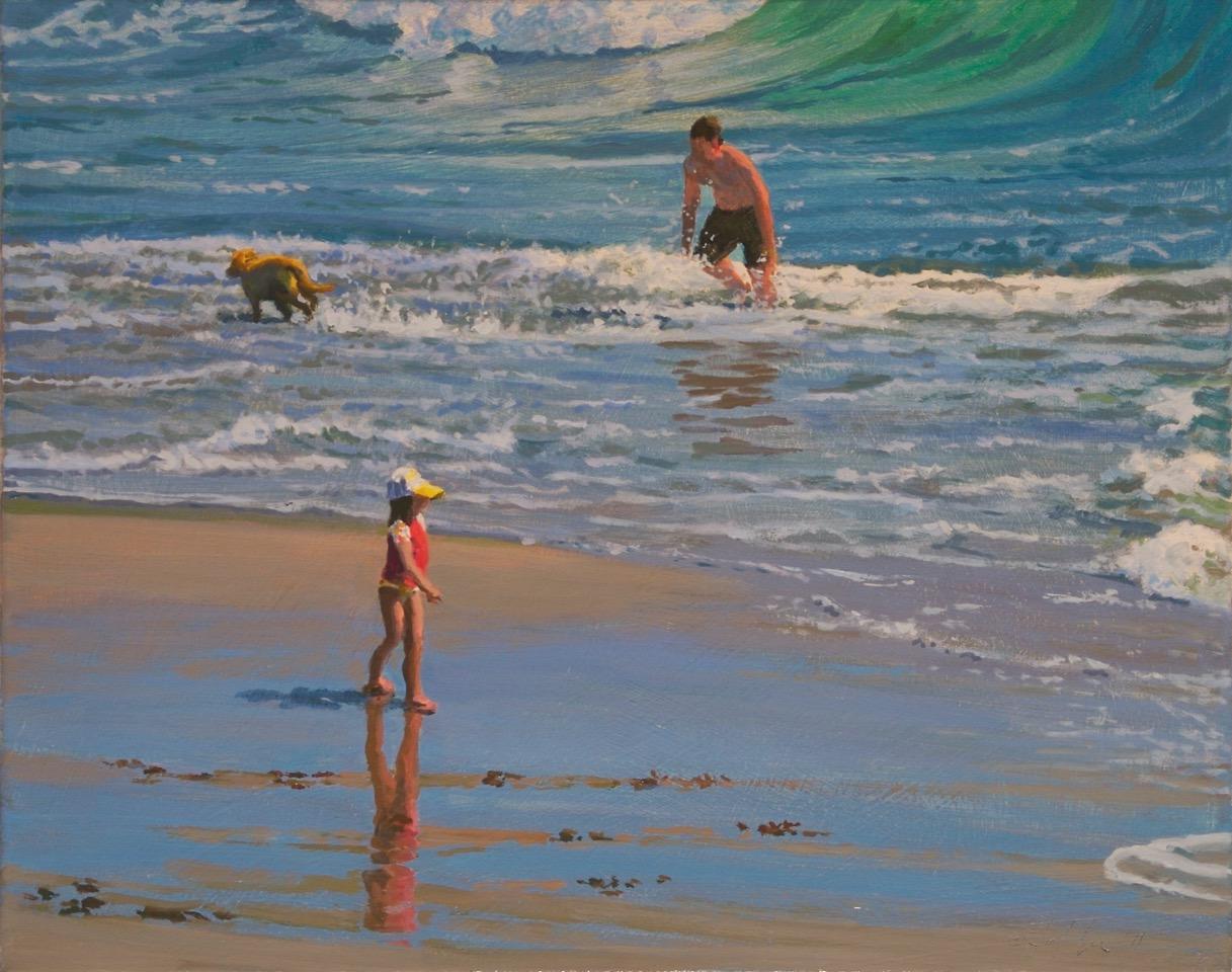 Peter Loftus Figurative Painting - Beach Play / Ocean scene with children and dog