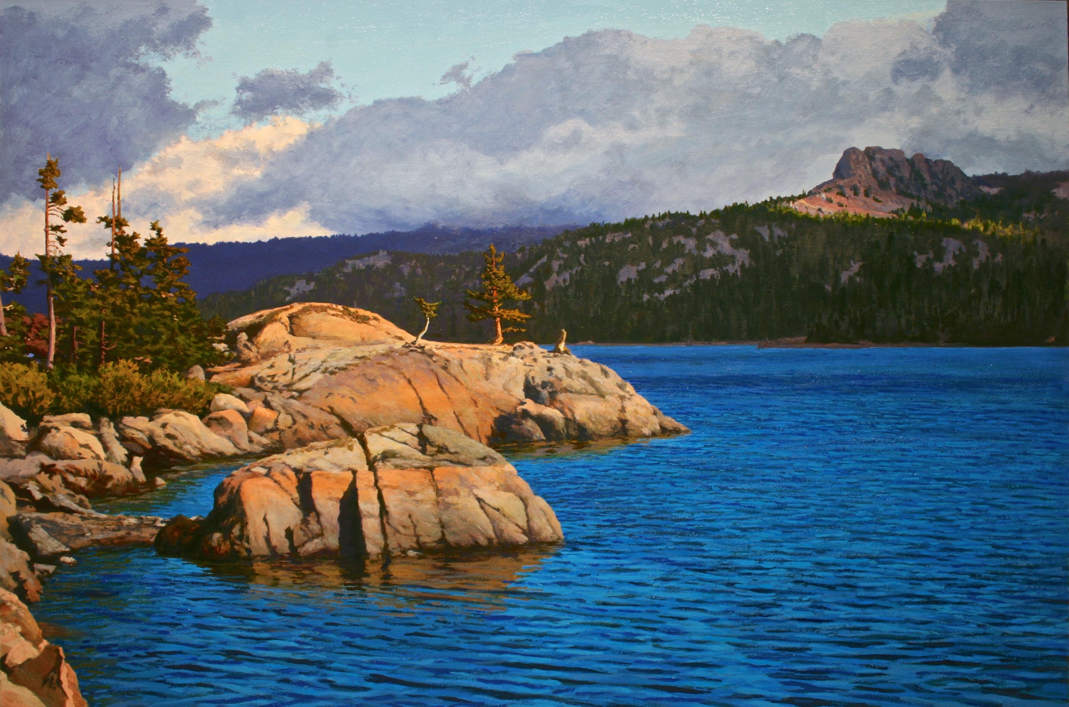 Peter Loftus Landscape Painting - Caples Lake with Sun and Clouds