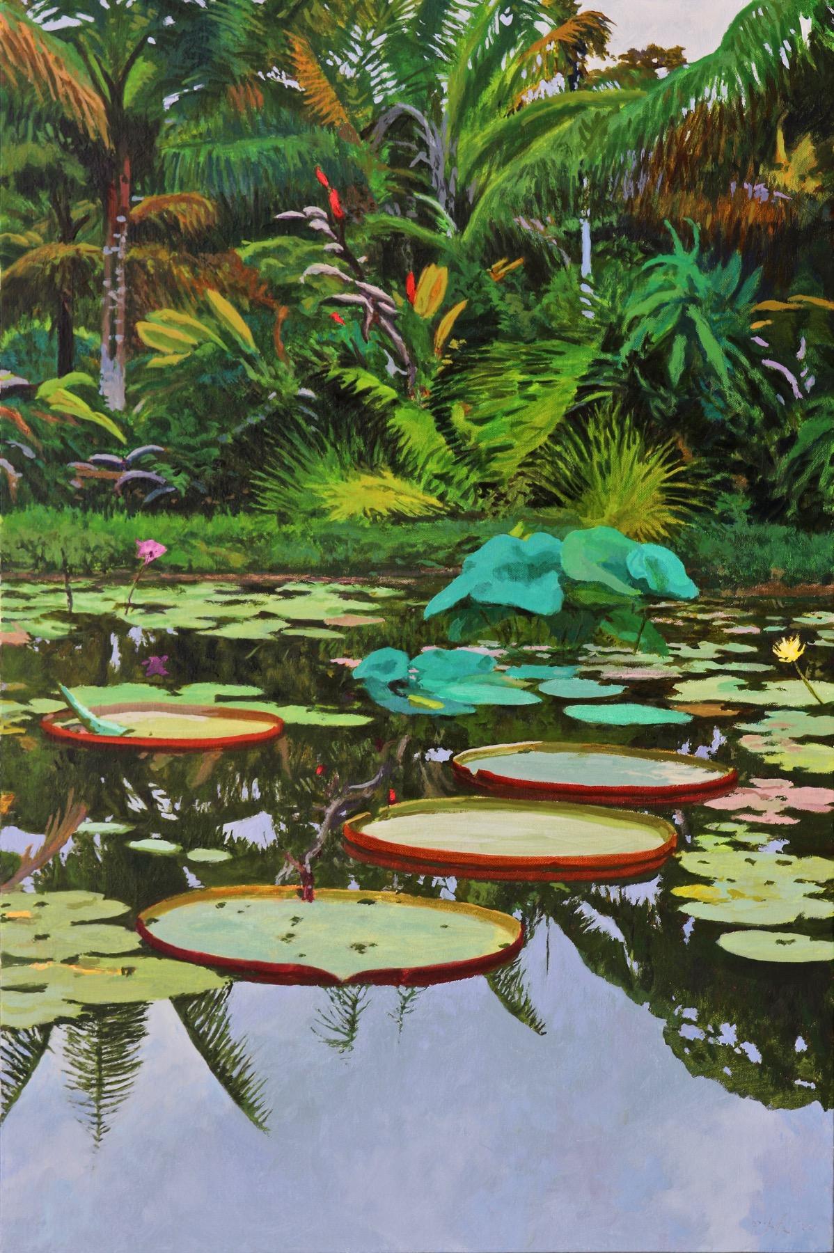 Peter Loftus Landscape Painting – Lily Pond at Pana'ewa / Öl auf Leinwand Gemälde - 36 x 24 Zoll