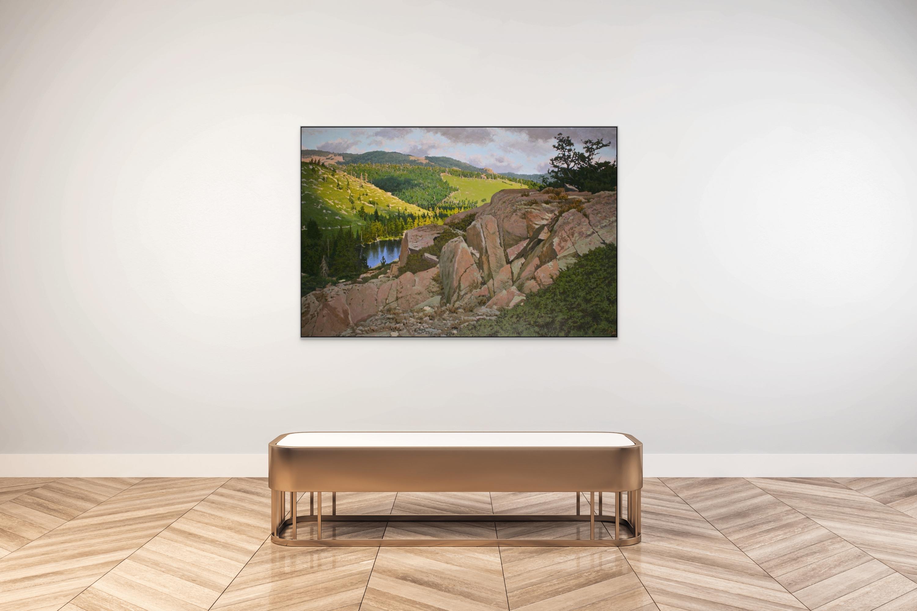 Con vistas al lago Sardina / naturaleza realista 44 x66 pulg. óleo sobre lienzo - Painting de Peter Loftus