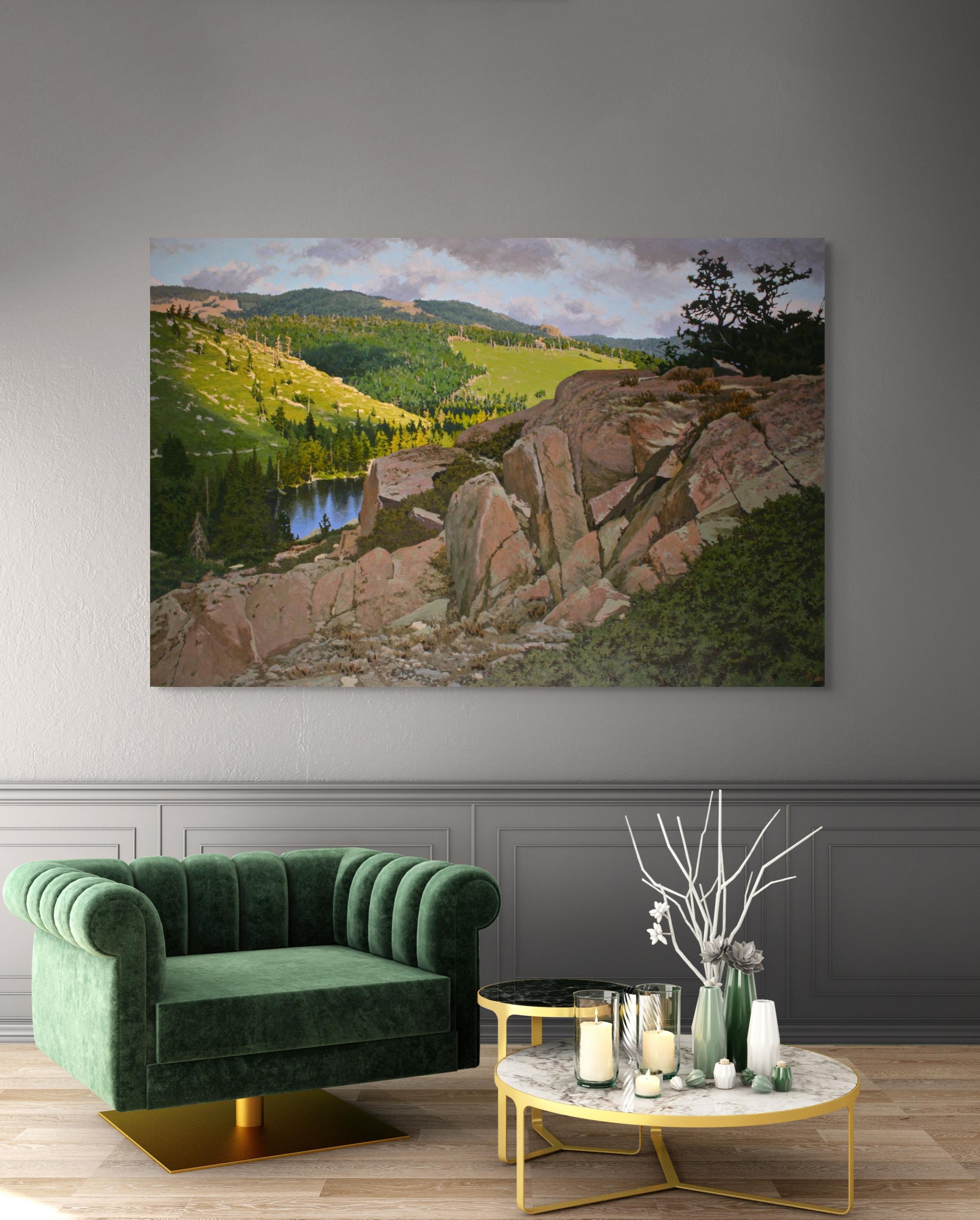 Overlooking Sardine Lake / realist nature 44 x66 in. oil on canvas painting - Contemporary Painting by Peter Loftus