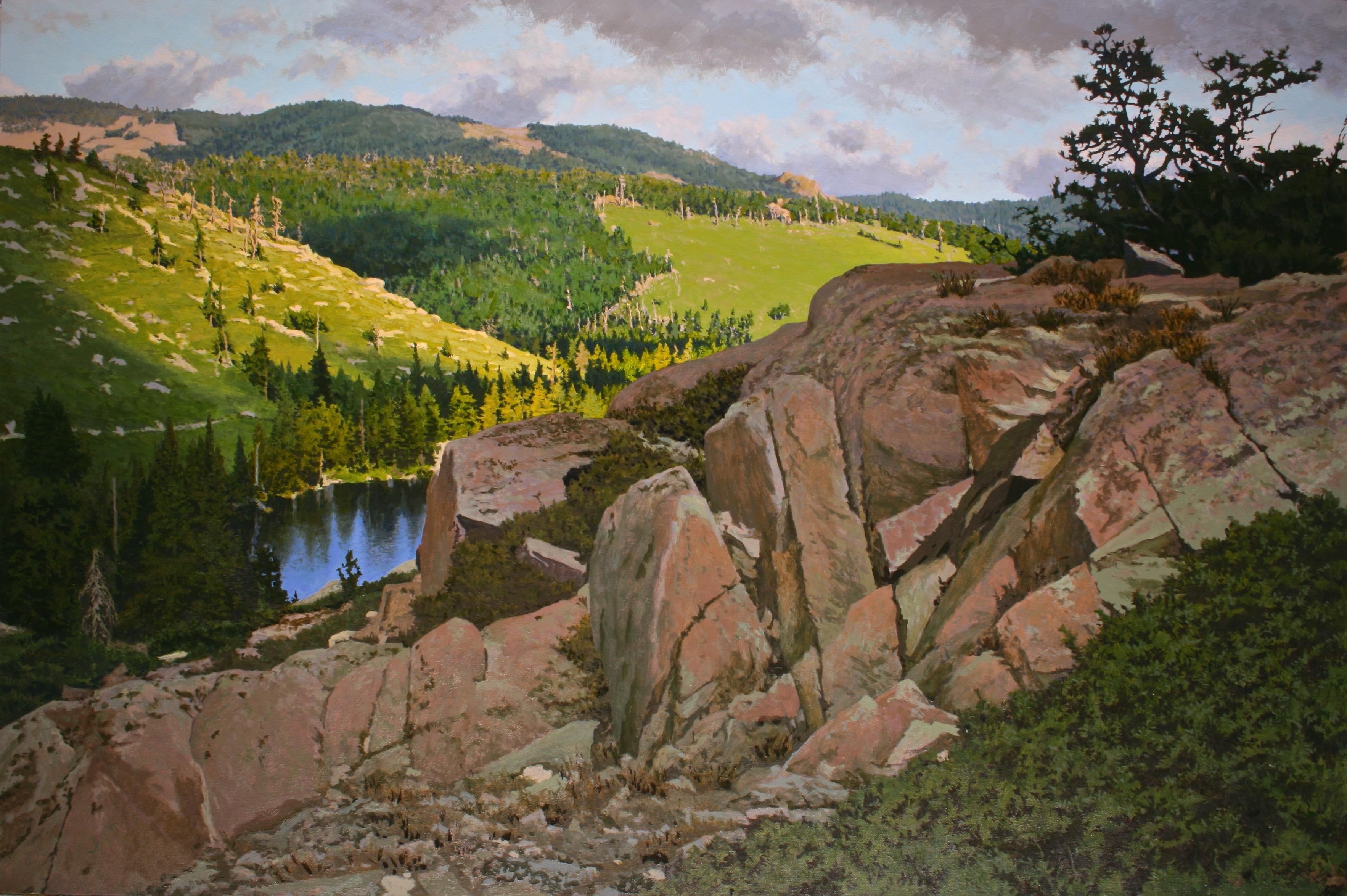 Peter Loftus Landscape Painting - Overlooking Sardine Lake / realist nature 44 x66 in. oil on canvas painting