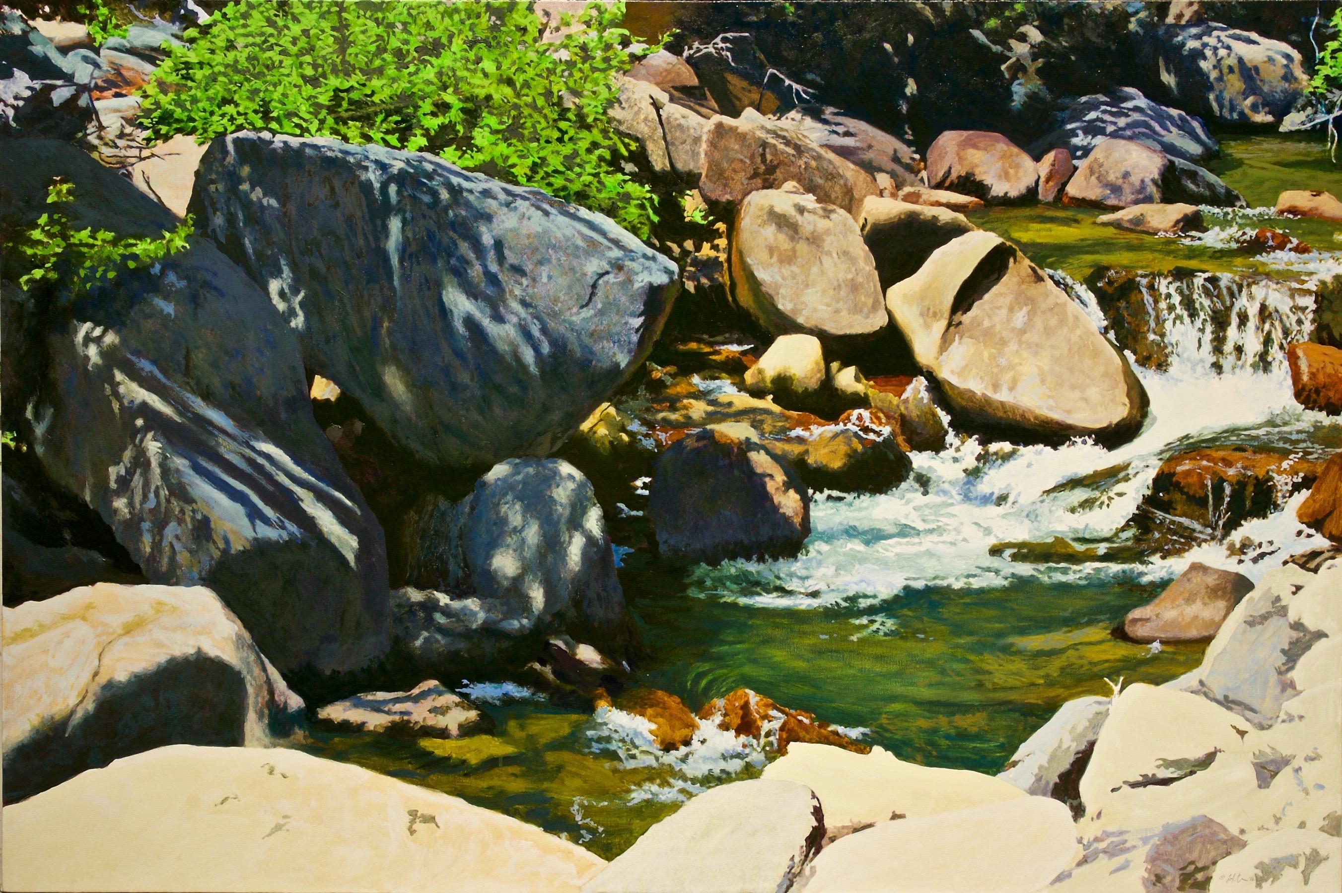 Landscape Painting di Peter Loftus - Rapide sul Carson / olio su tela - pittura fluviale