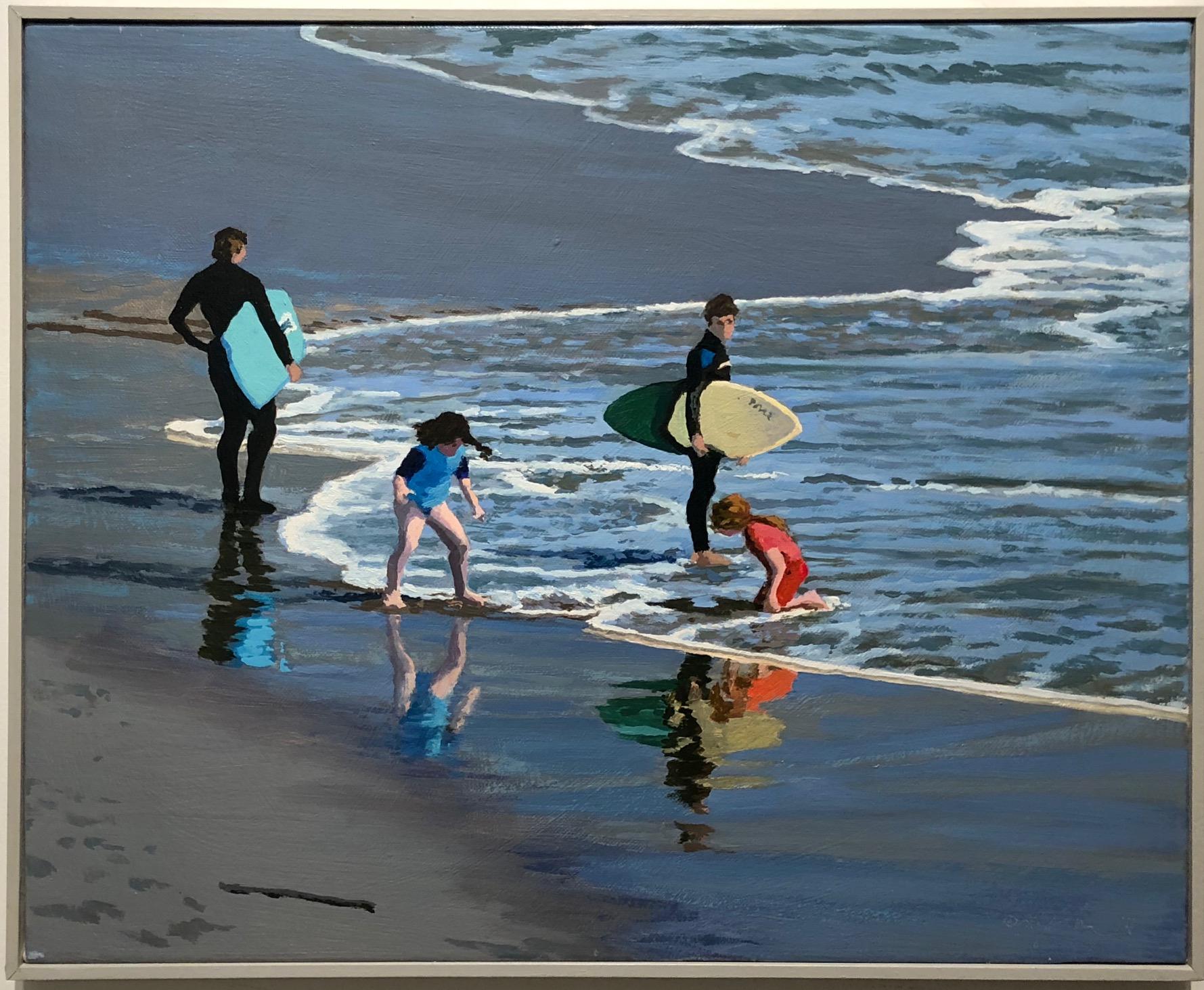 Reflections / surfers and children in oll on canvas - Painting by Peter Loftus