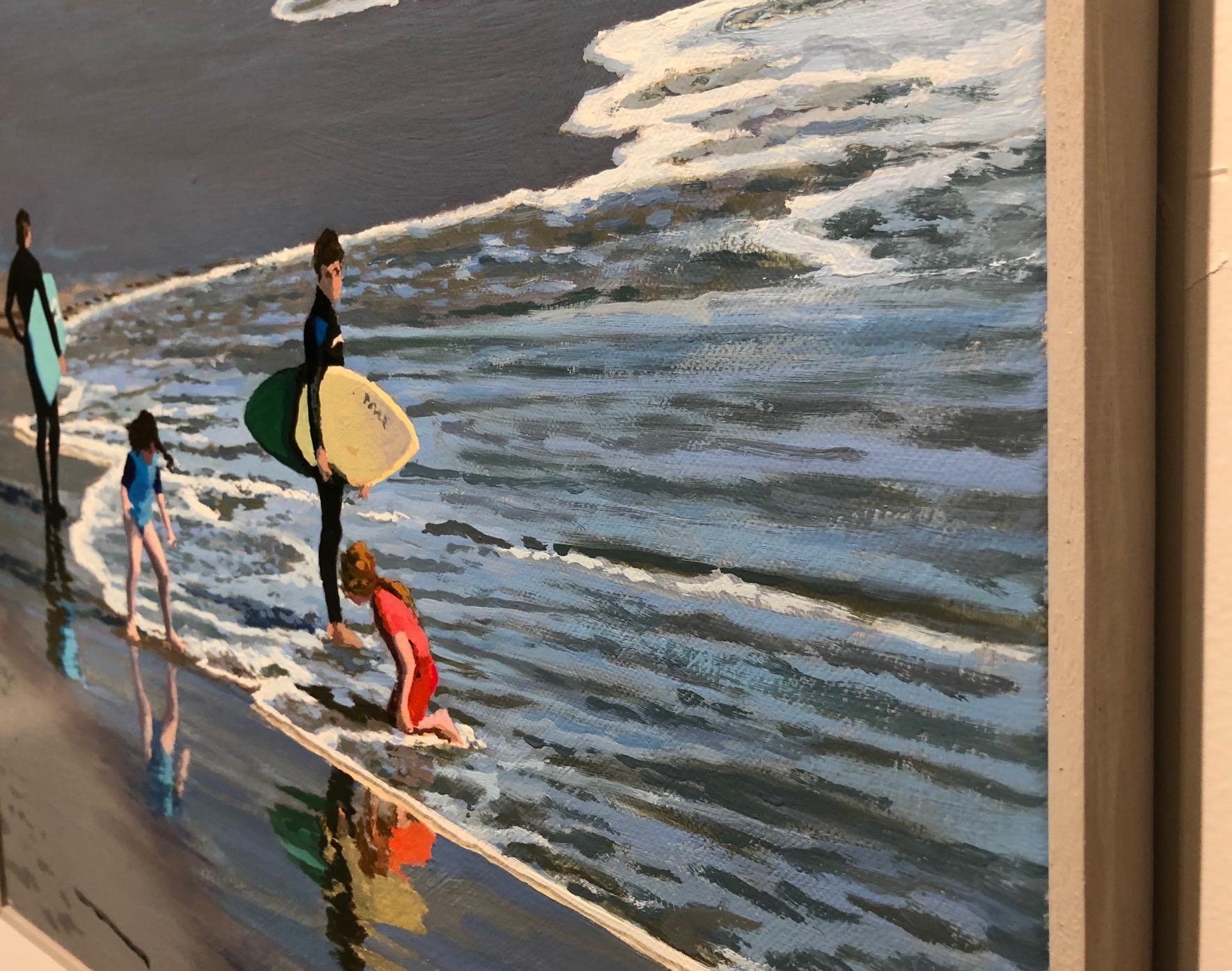 Reflections / surfers and children in oll on canvas - Contemporary Painting by Peter Loftus
