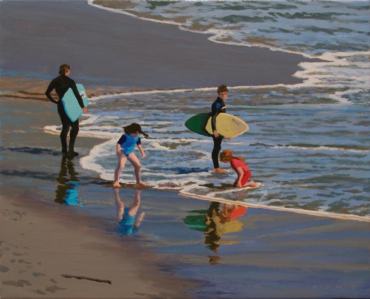 Peter Loftus Figurative Painting - Reflections / surfers and children in oll on canvas