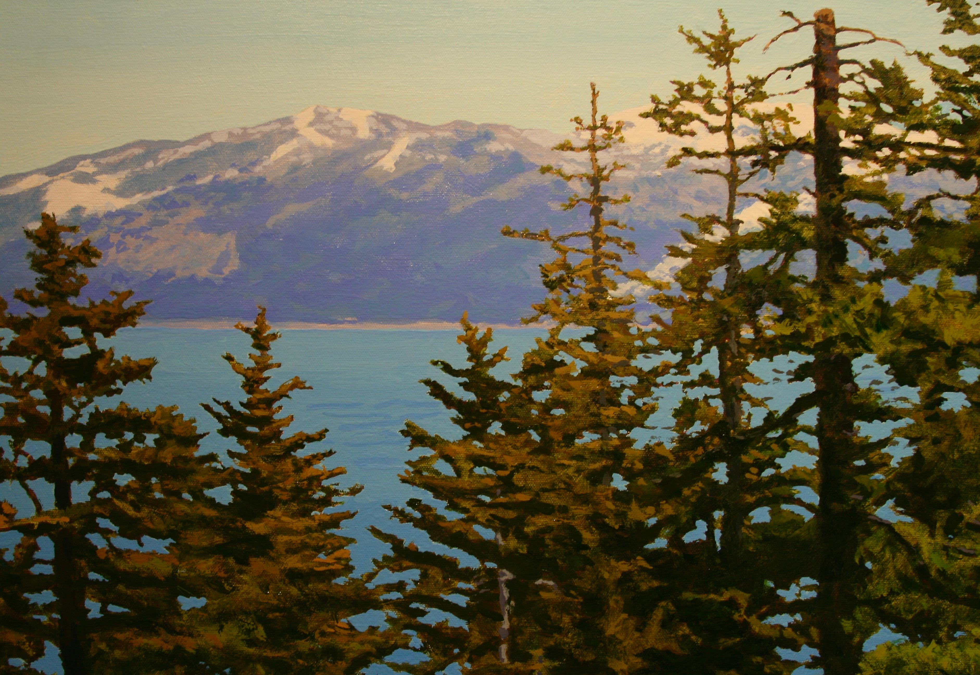 Residual Snow above Tahoe / oil on canvas landscape 44 x 66 inches - Painting by Peter Loftus