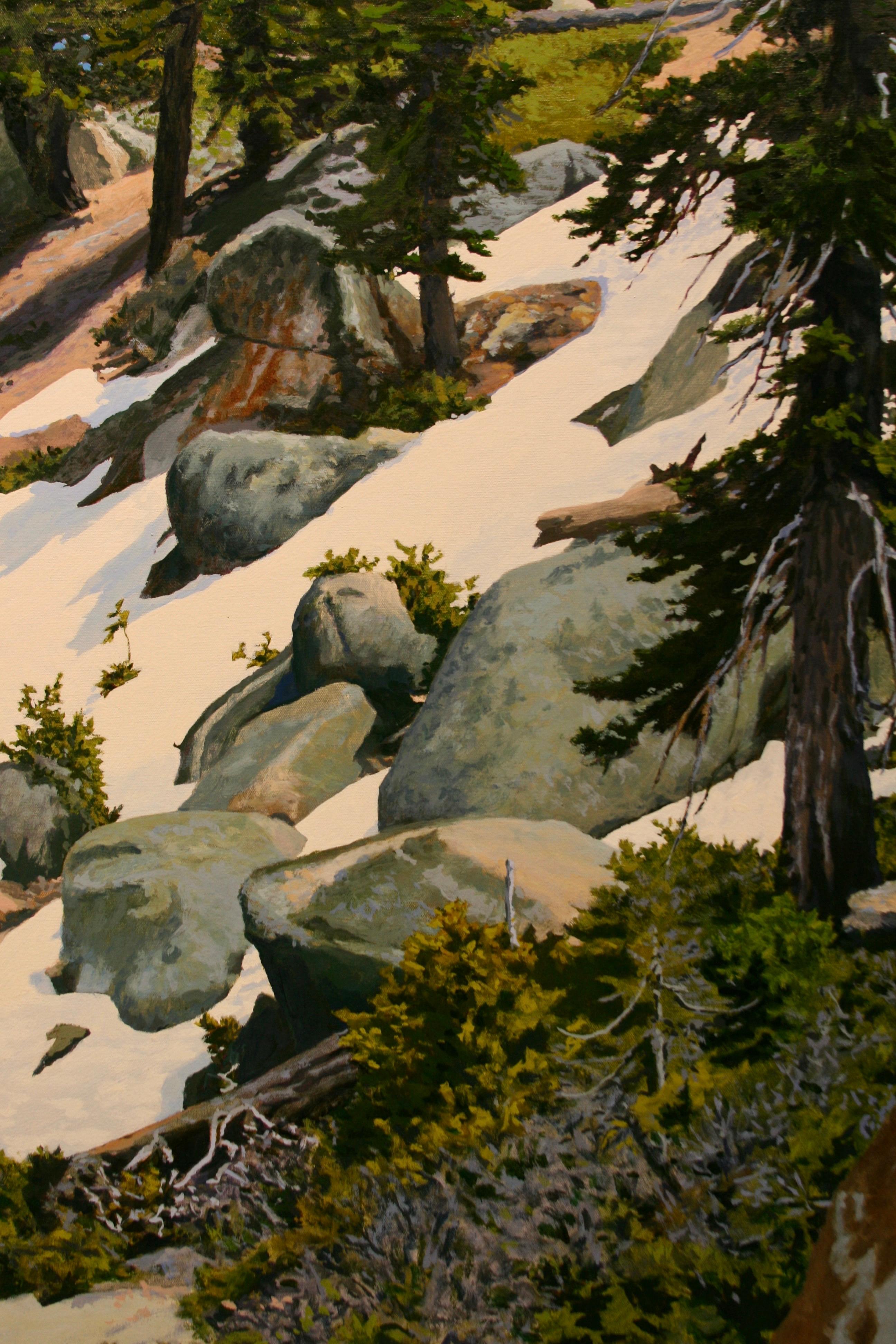 Residual Snow above Tahoe / oil on canvas landscape 44 x 66 inches - Black Still-Life Painting by Peter Loftus