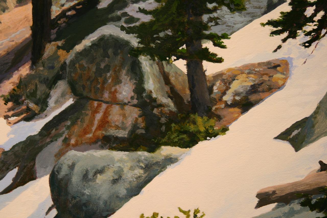 Mountain scene with residual snow from above Lake Tahoe by American Realist artist Peter Loftus, who is known for captivating color-rich nature scenes through shadow and light in his oil on canvas paintings that breathe life while reflecting western