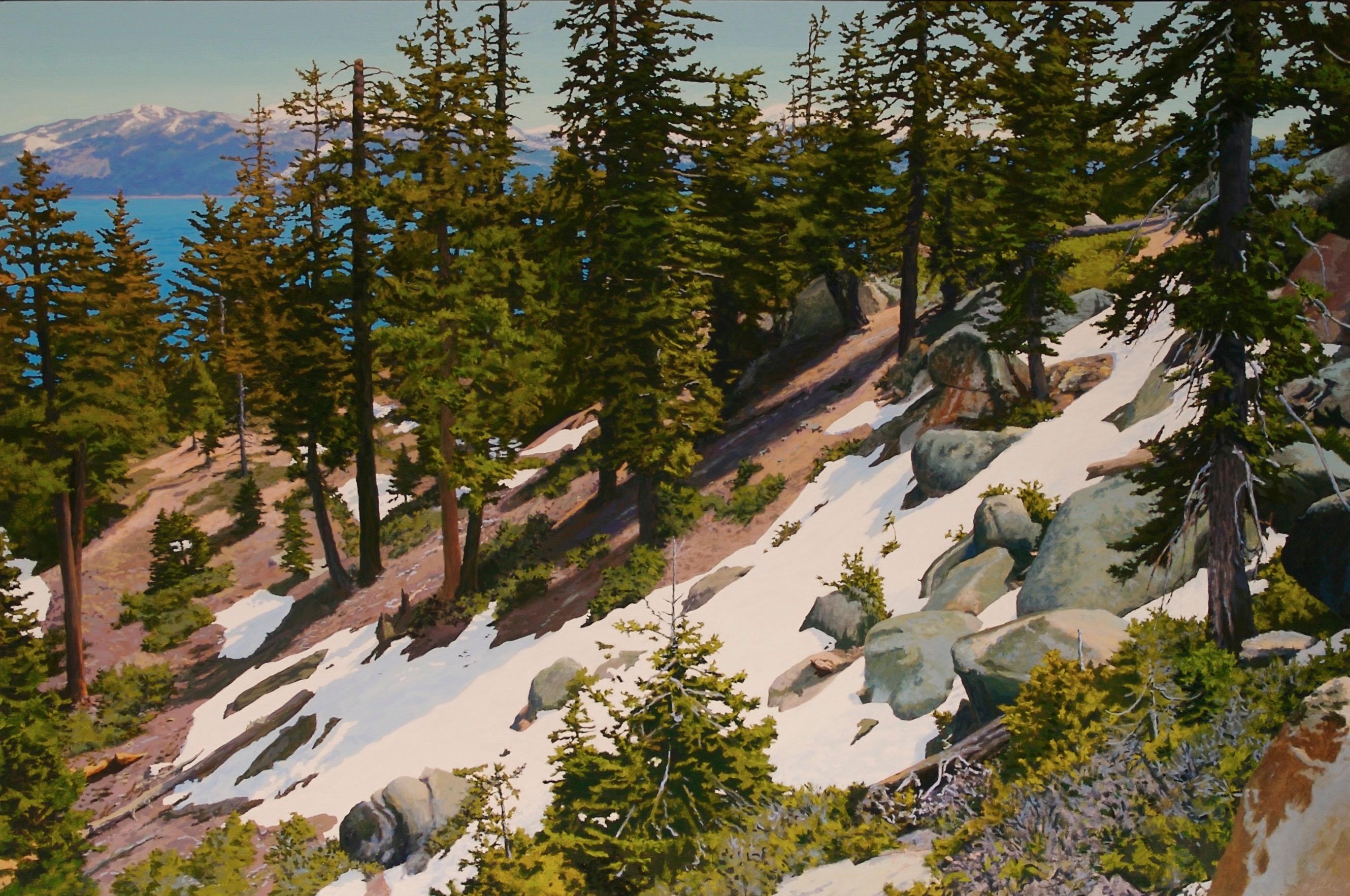 Peter Loftus Still-Life Painting - Residual Snow above Tahoe / oil on canvas landscape 44 x 66 inches