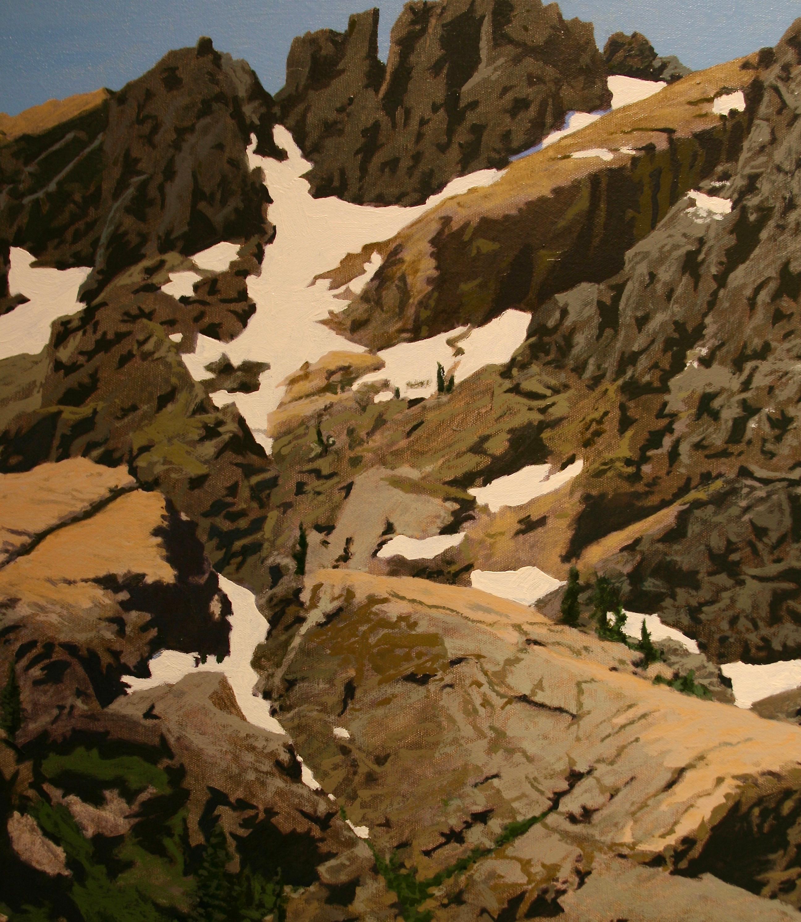 Sierra Buttes with Residual Snow / oil on canvas 52 x 80 inches - Contemporary Painting by Peter Loftus