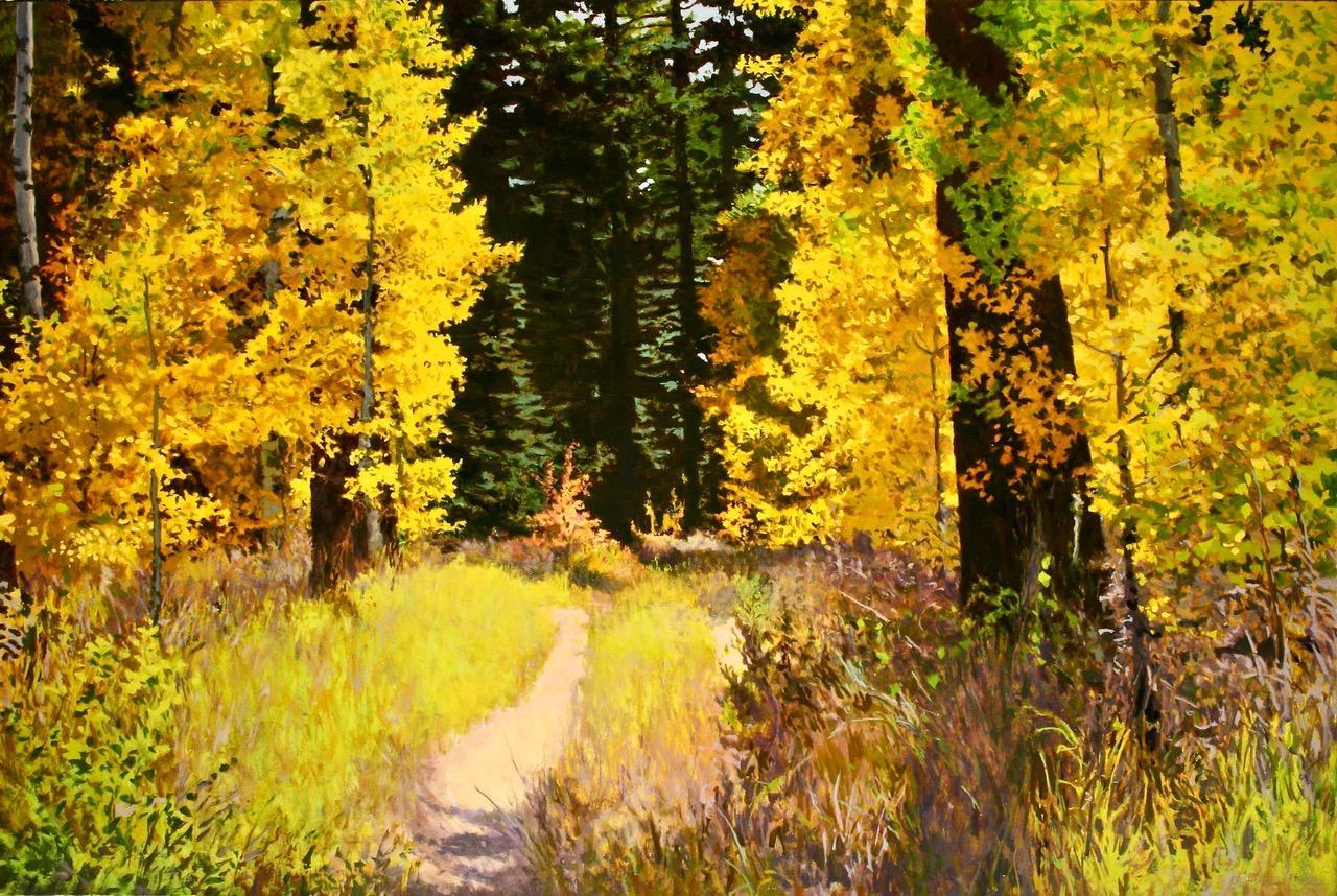 Pathway to Enchantment / oil painting celebrating yellow fall leaves - Painting by Peter Loftus