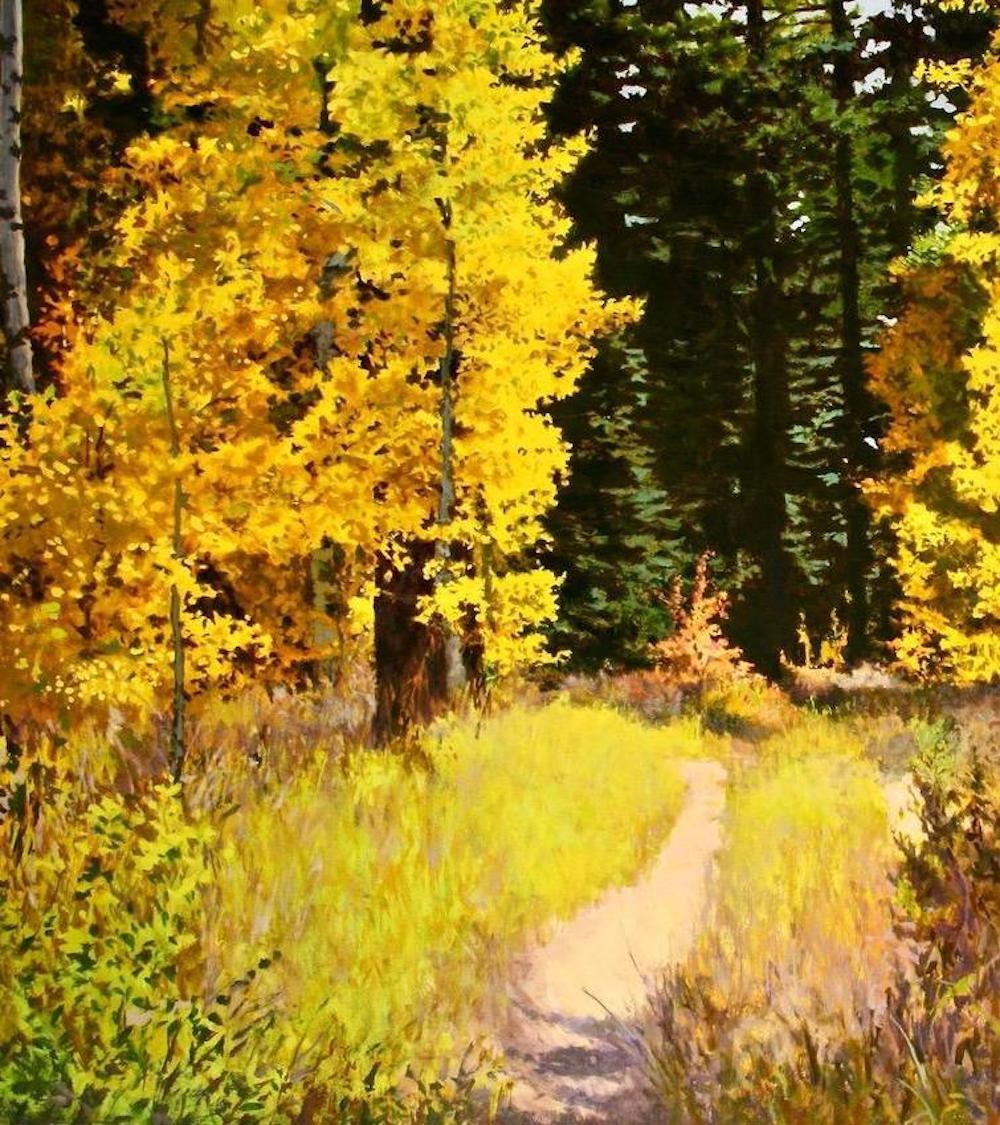 Pathway to Enchantment / oil painting celebrating yellow fall leaves - Contemporary Painting by Peter Loftus