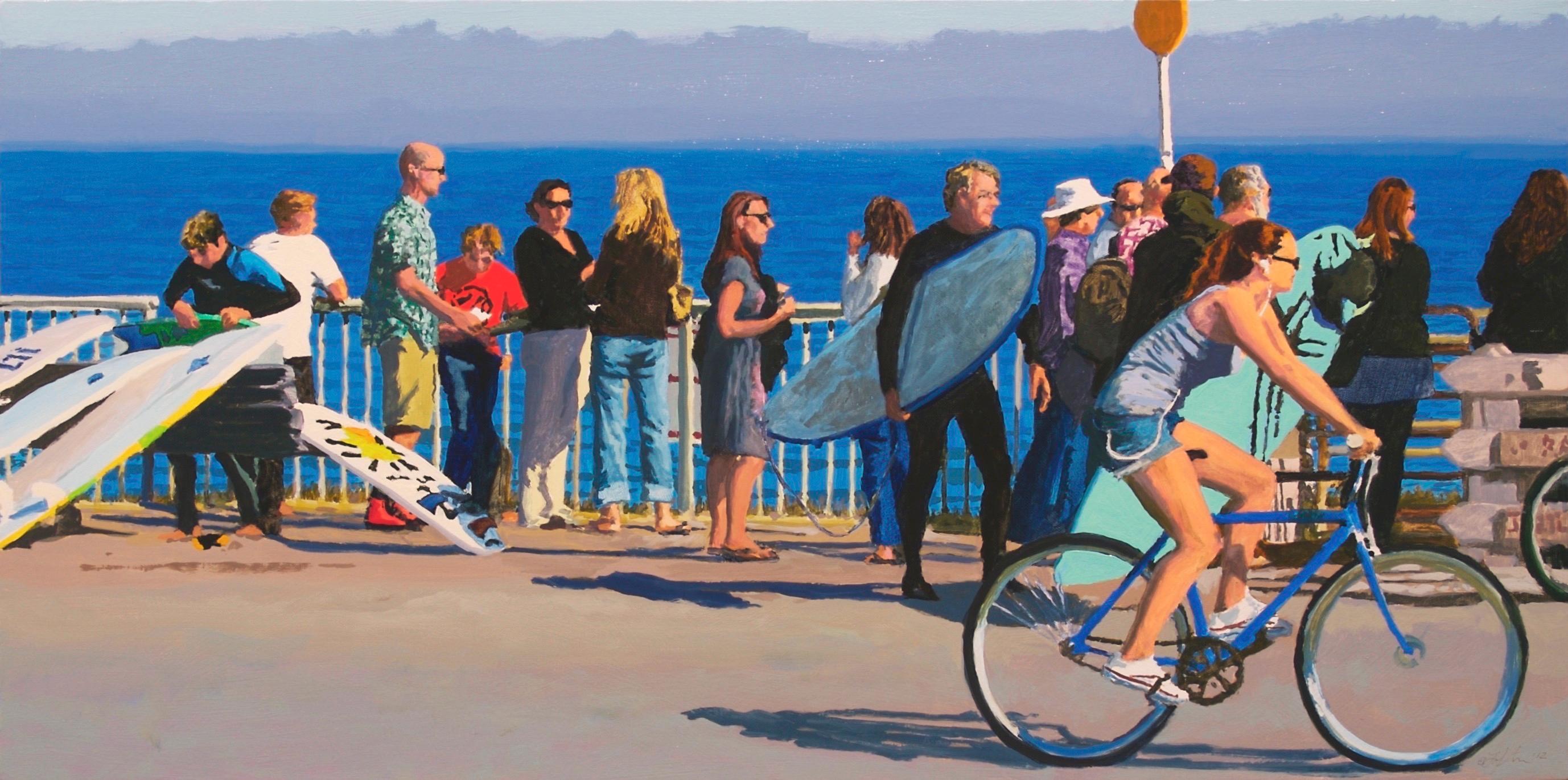 Peter Loftus Figurative Painting - Surf Scene with Cyclist / colorful California surf, sail, bike scene