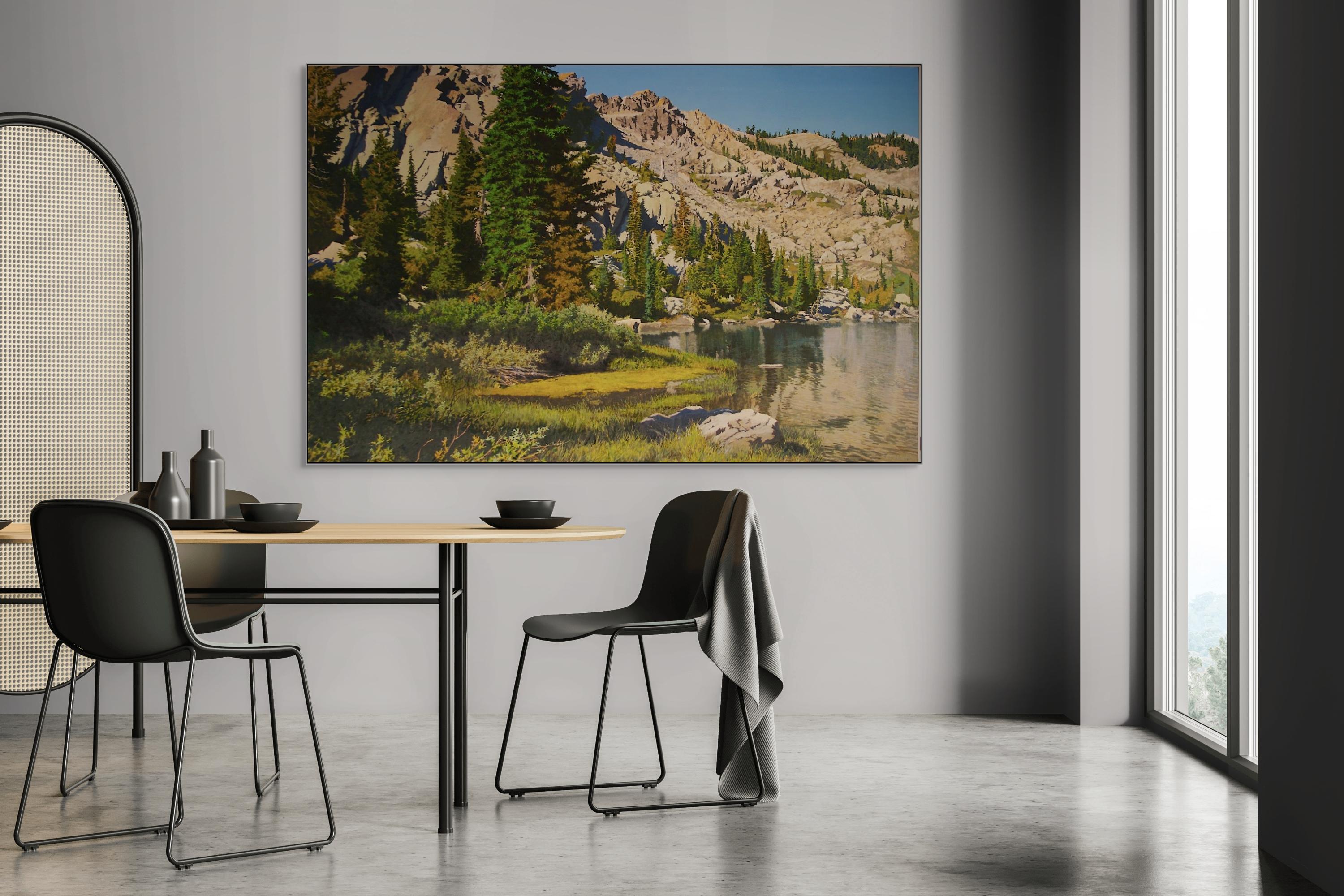 La orilla del lago Redondo / naturaleza realista Cuadro al óleo sobre lienzo de 52x80 pulg. - Painting Contemporáneo de Peter Loftus