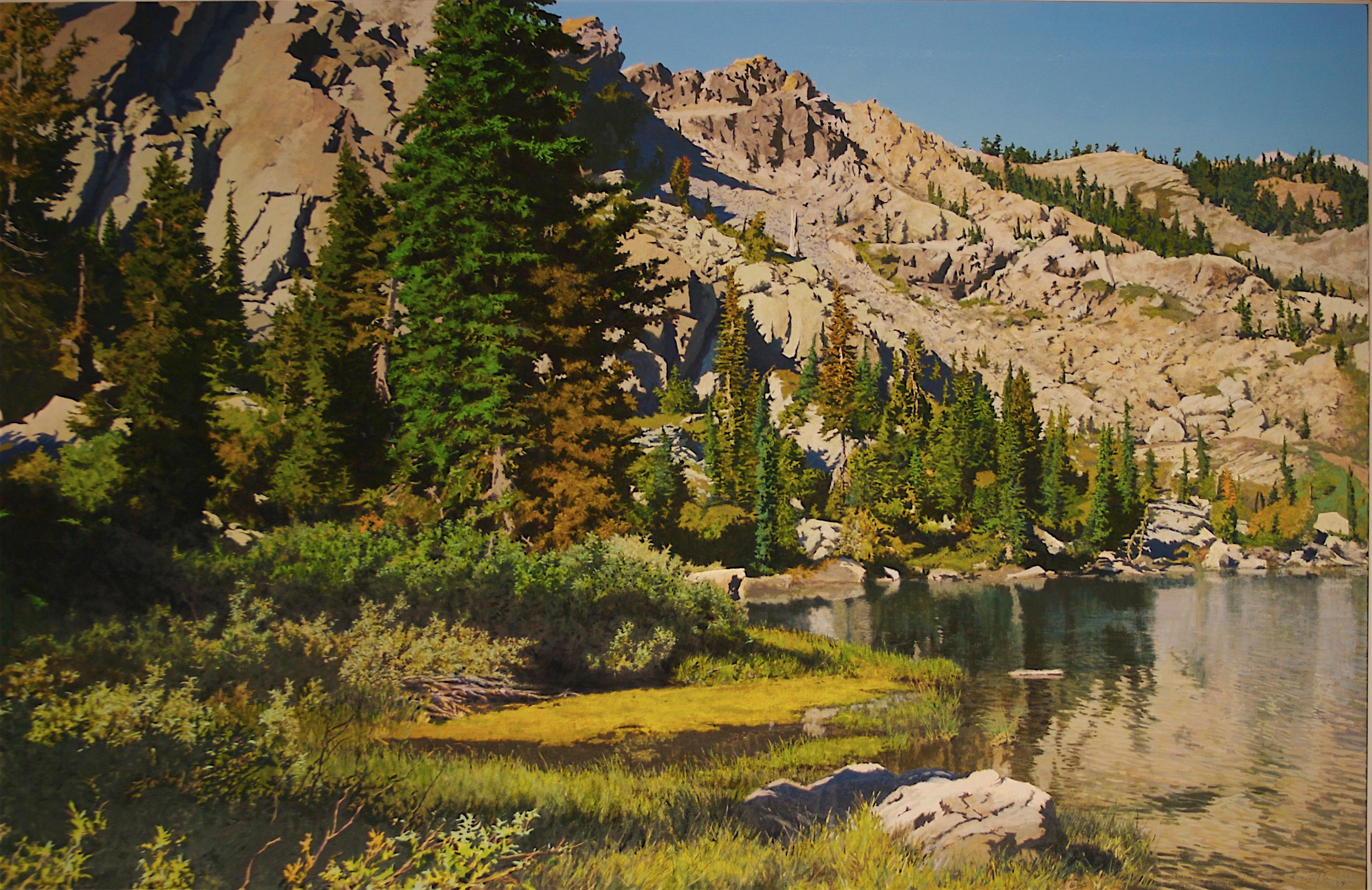 La orilla del lago Redondo / naturaleza realista Cuadro al óleo sobre lienzo de 52x80 pulg.