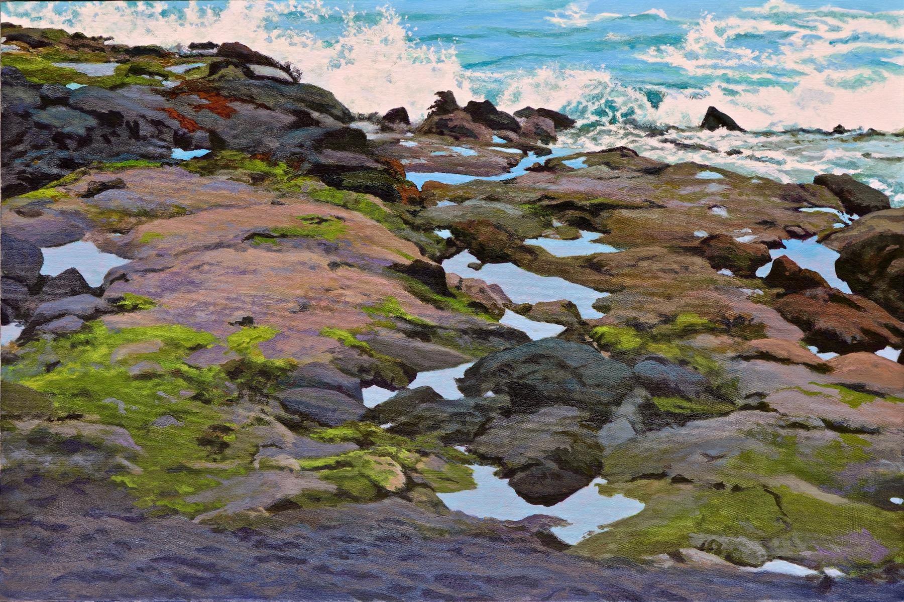 Peter Loftus Still-Life Painting – Tide-Pools in Punalu'u (schwarzer Sandstrand)