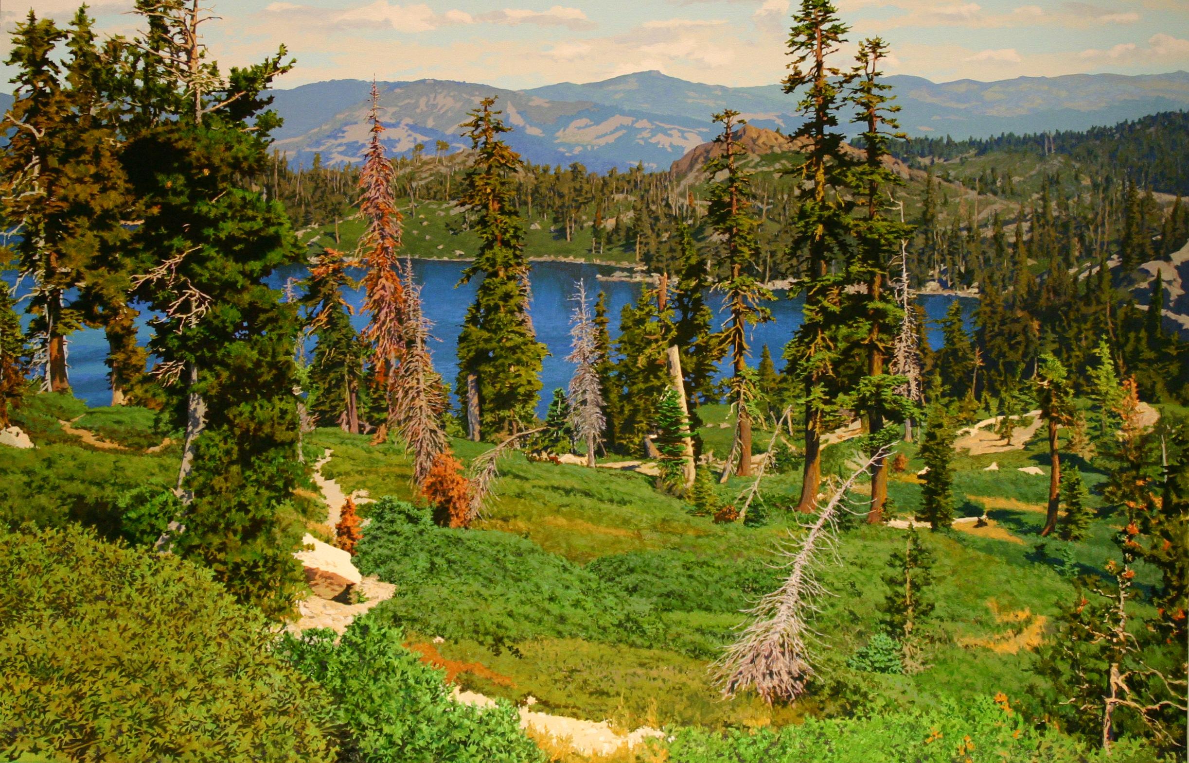 Peter Loftus Landscape Painting - Trail above Silver Lake / realist nature 52x80 in. oil on canvas painting