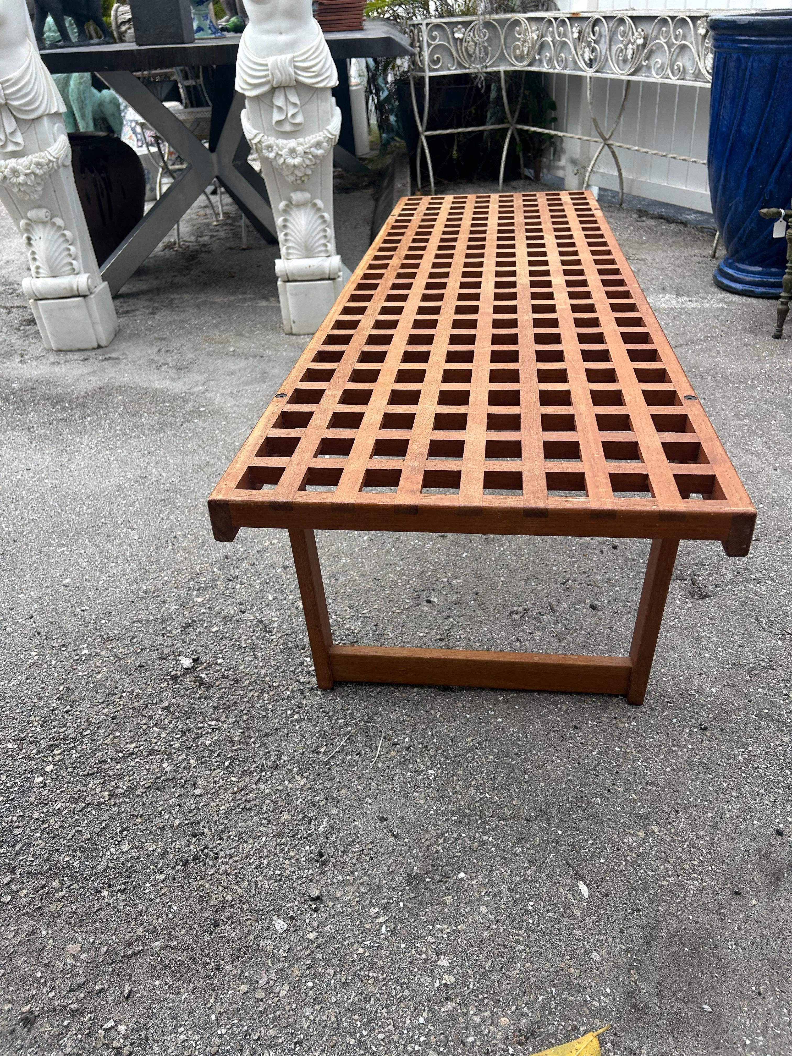 Peter Lovig Nielsen lattice bench.. made of high-quality teak with a lattice, pattern seat… A very good condition, but a few small stains here and there..