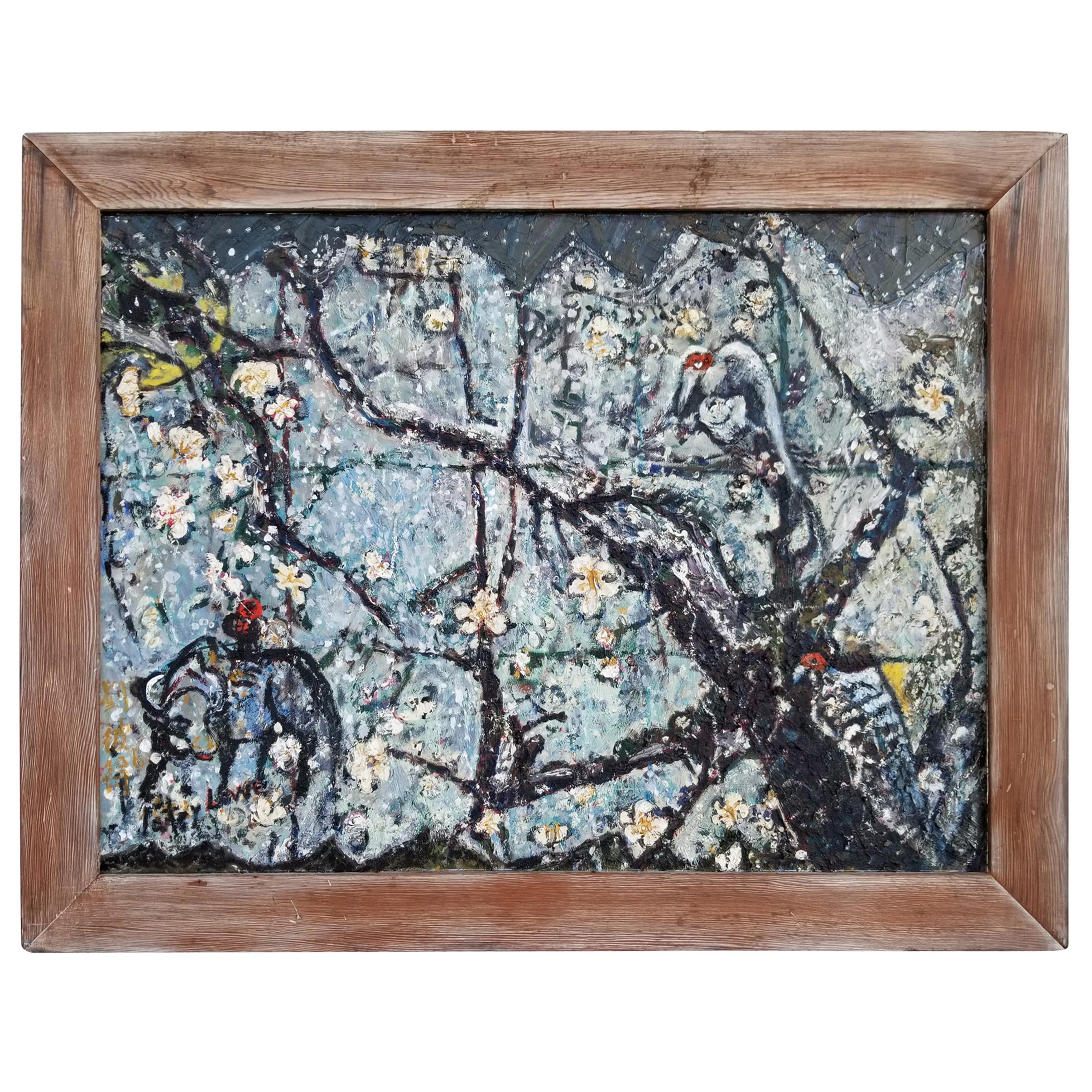 Peinture abstraite de Peter Lowe, Oiseaux dans un arbre