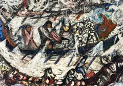 Huile sur toile originale de la baie de San Francisco représentant des bateaux de dragon du Nouvel An chinois, 1960