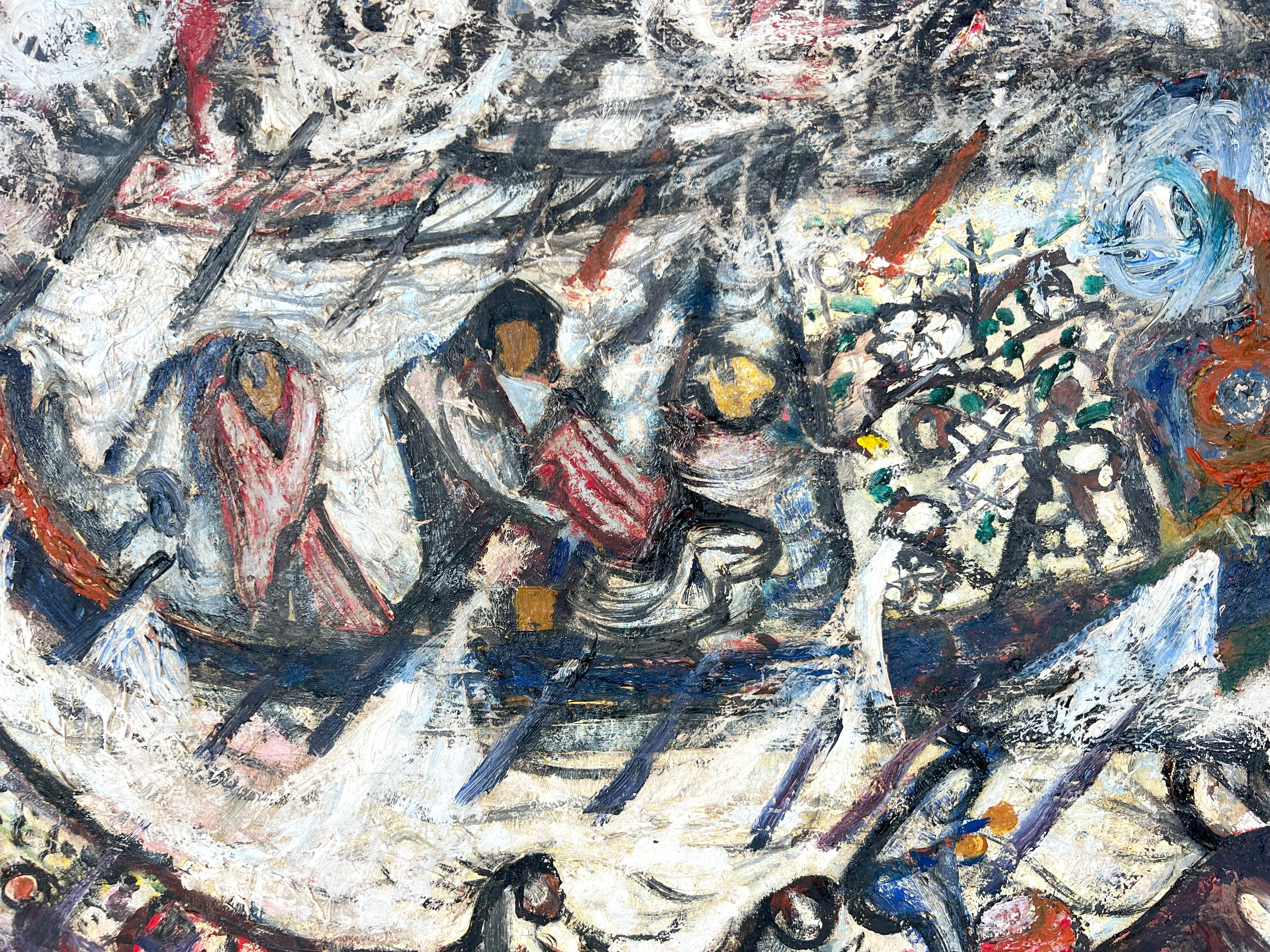 Barche del drago Capodanno cinese San Francisco Bay Area Olio originale su tela 1960 - Figurative Painting Grigio di Peter Lowe