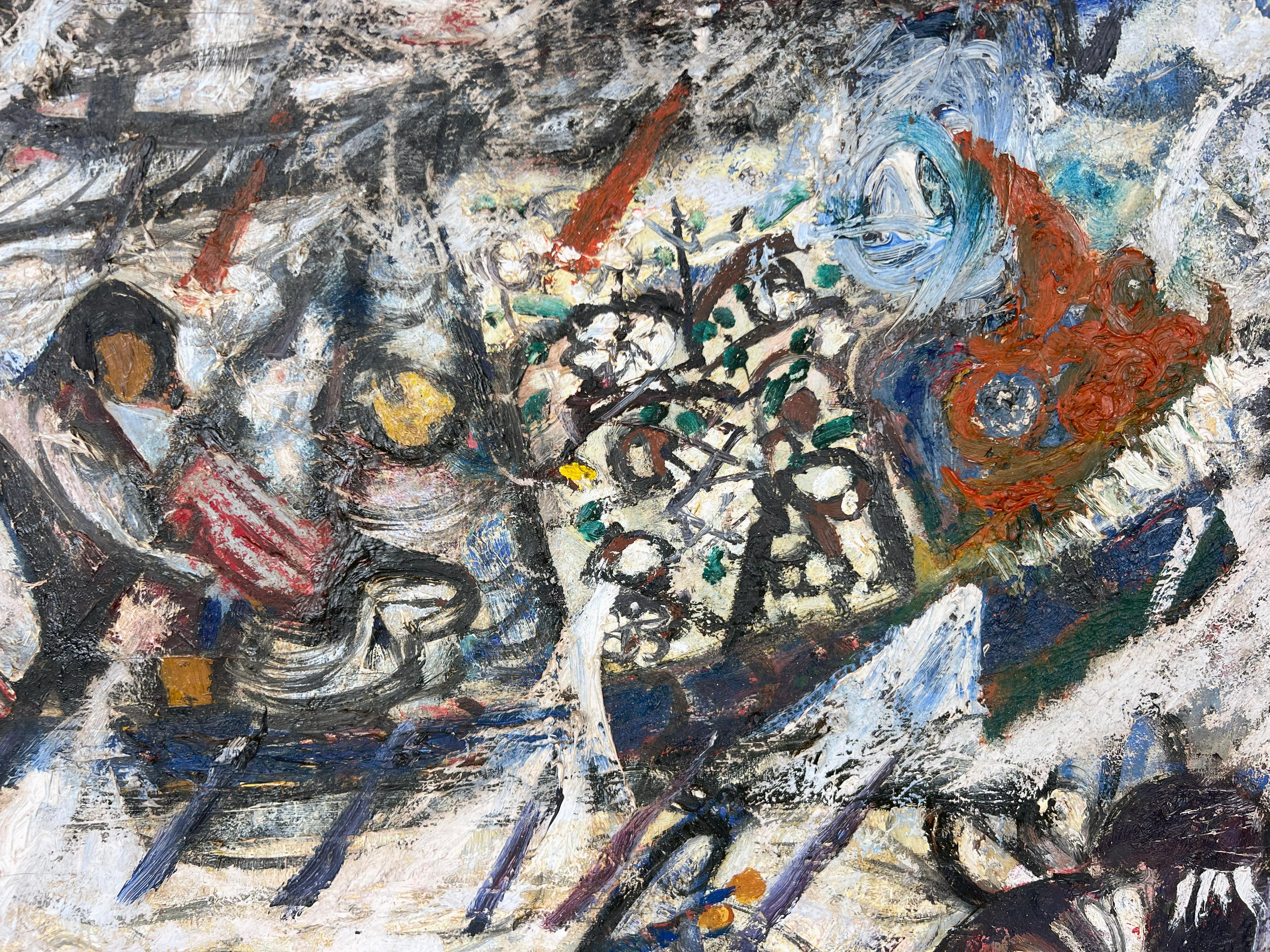 Barche del drago Capodanno cinese San Francisco Bay Area Olio originale su tela anni '60
Un'opera fondamentale dell'espressionismo astratto di Peter Lowe (americano, 1916-1922). Un divertente e pesante dipinto a impasto che ritrae i festaioli del