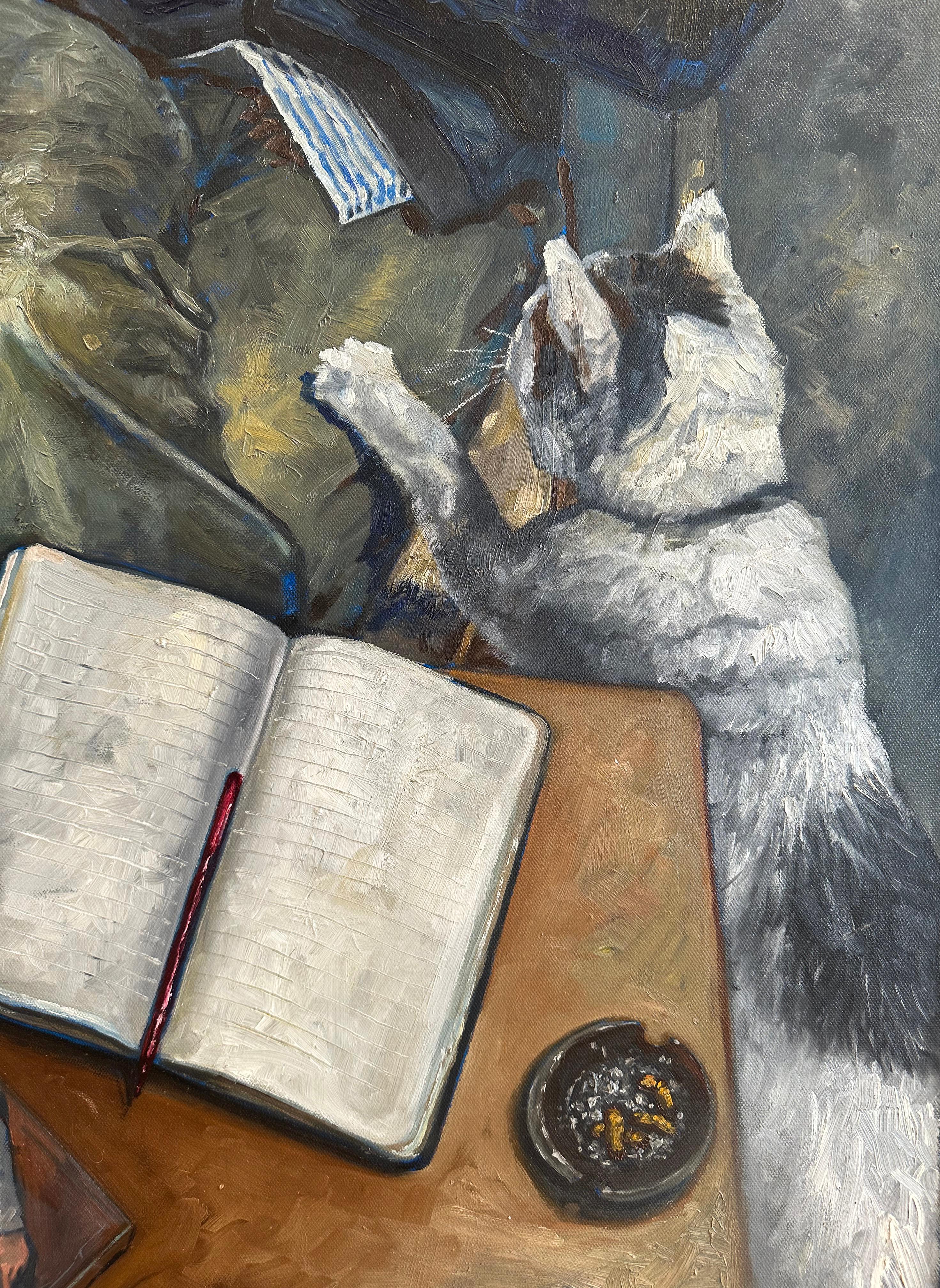 36 Años - Pintura al Óleo Original, Figura Masculina Solitaria Fumando en una Silla en venta 4
