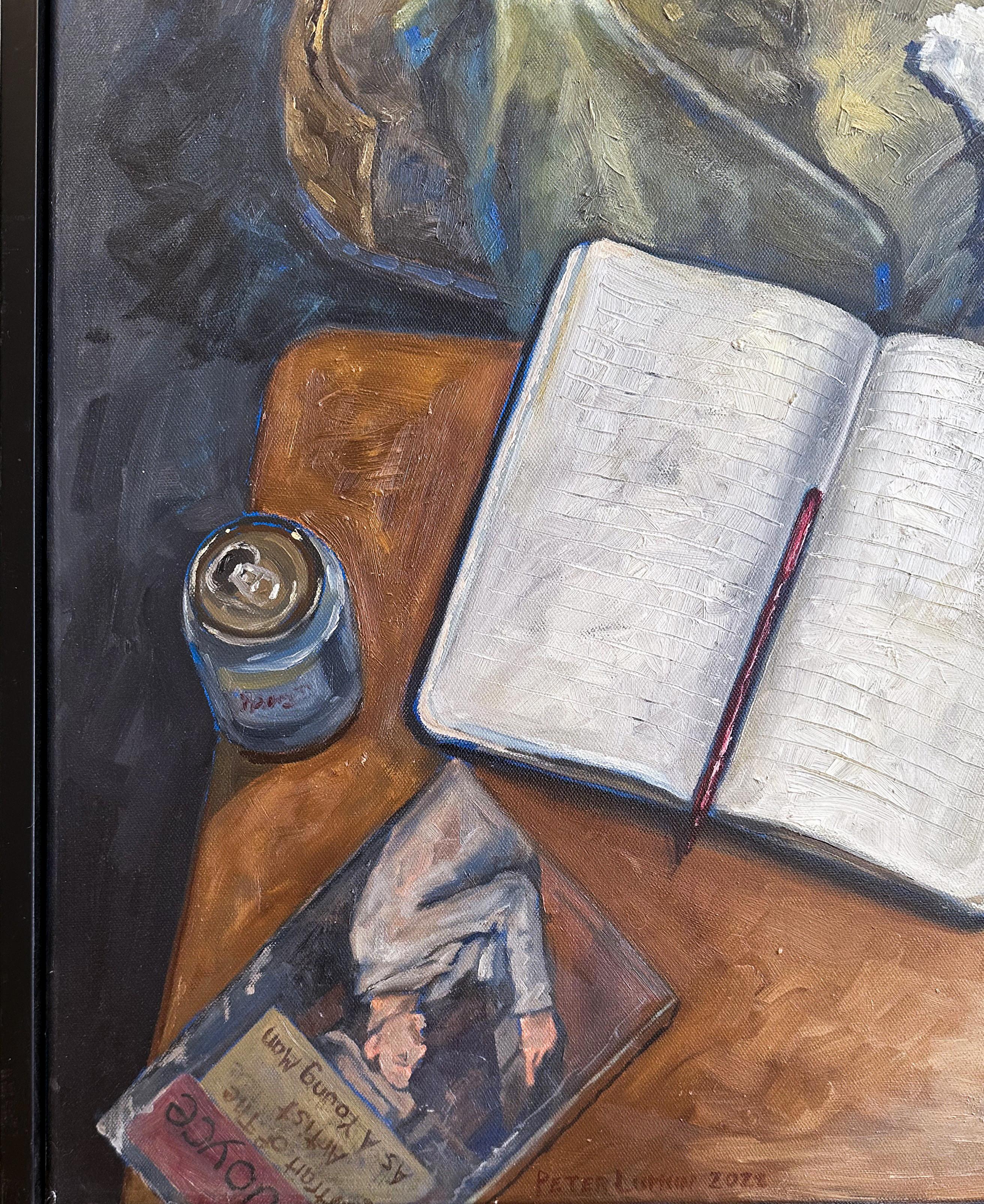 36 Años - Pintura al Óleo Original, Figura Masculina Solitaria Fumando en una Silla en venta 5