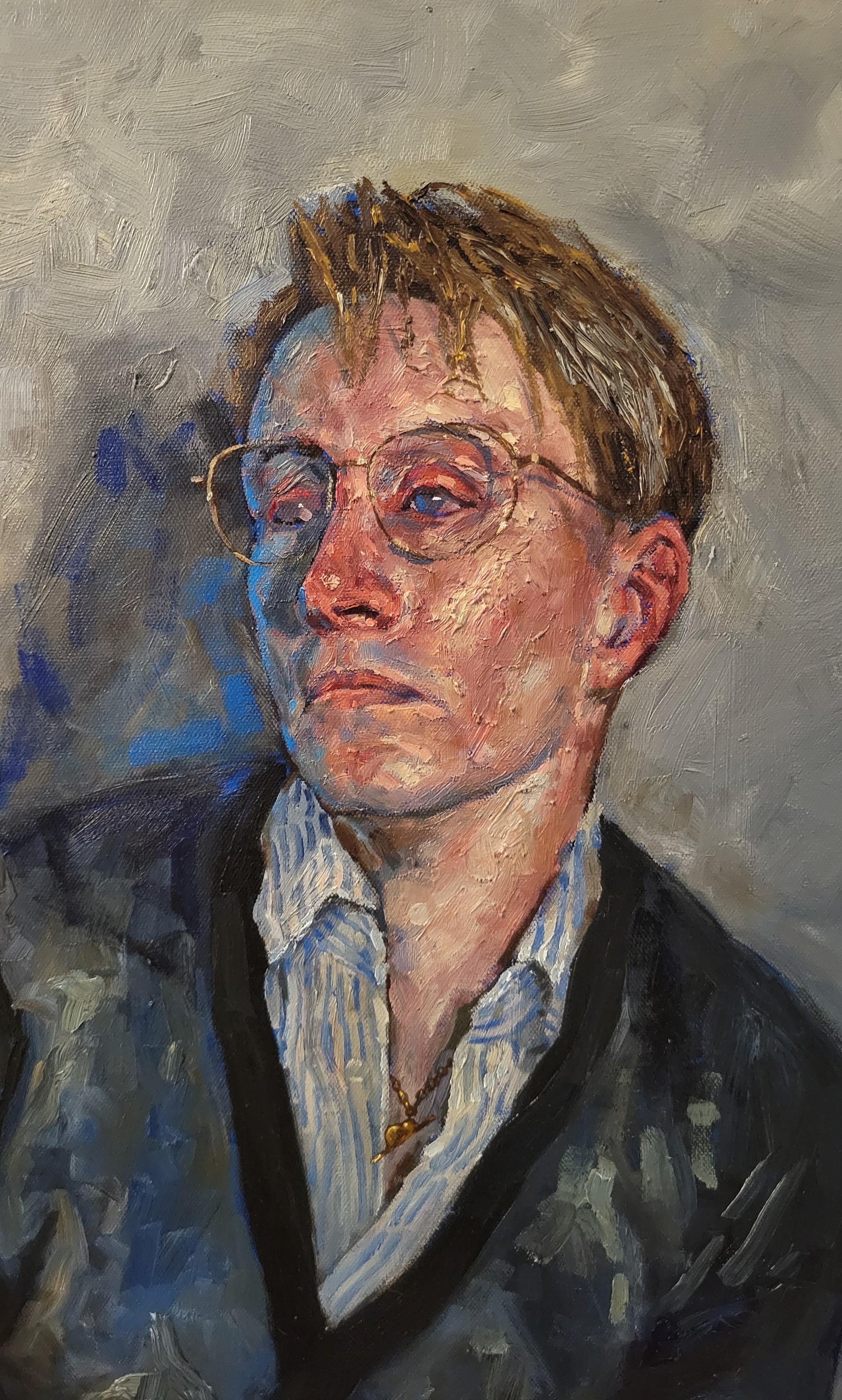 Este cuadro se enfrenta a los prejuicios del mundo del arte respecto a la edad. El libro que hay sobre la mesa es un ejemplar de Retrato del artista cuando era joven, de James Joyce. La figura sentada pretende transmitir la imagen de un poeta que no