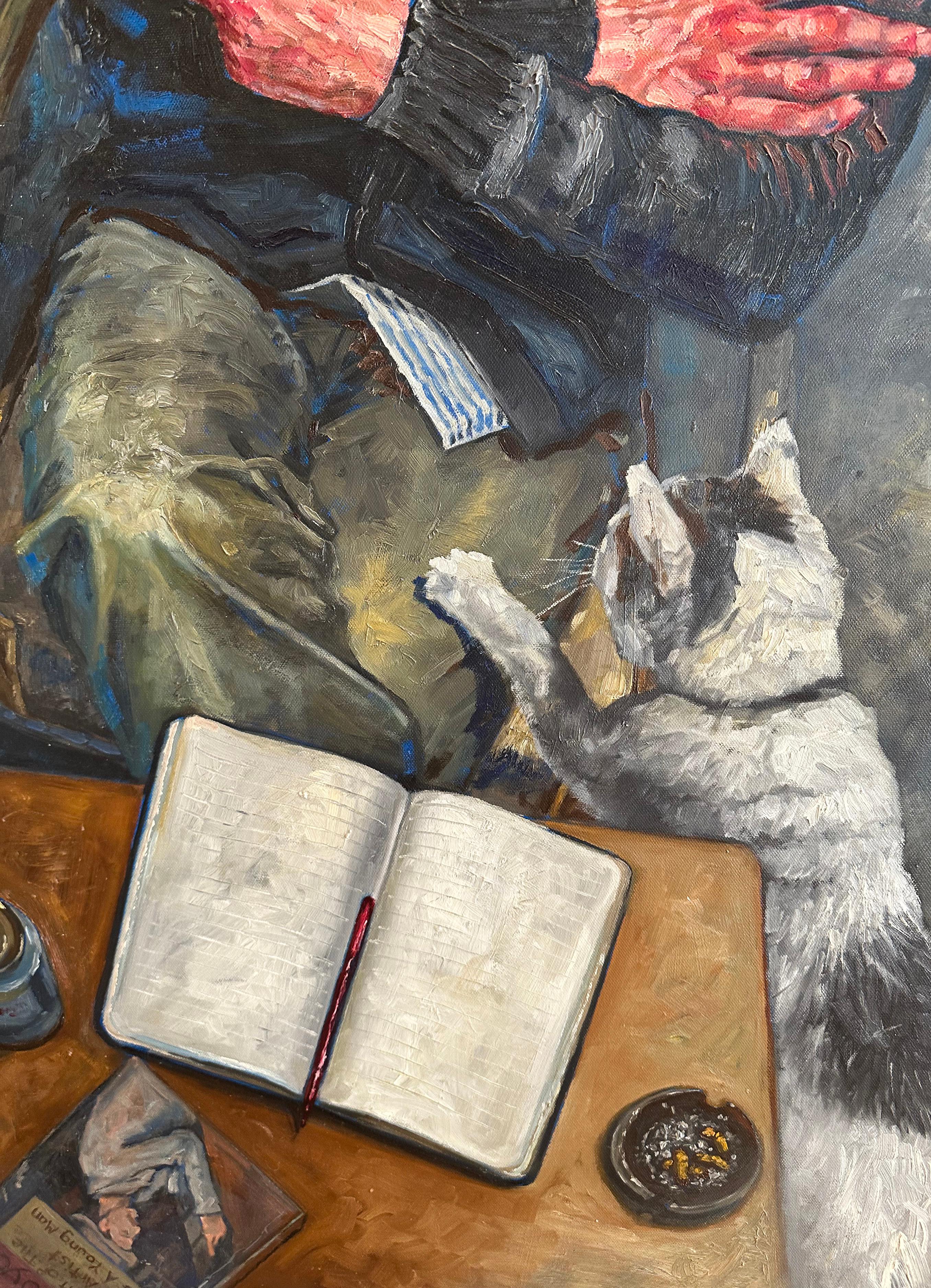 36 Años - Pintura al Óleo Original, Figura Masculina Solitaria Fumando en una Silla en venta 3
