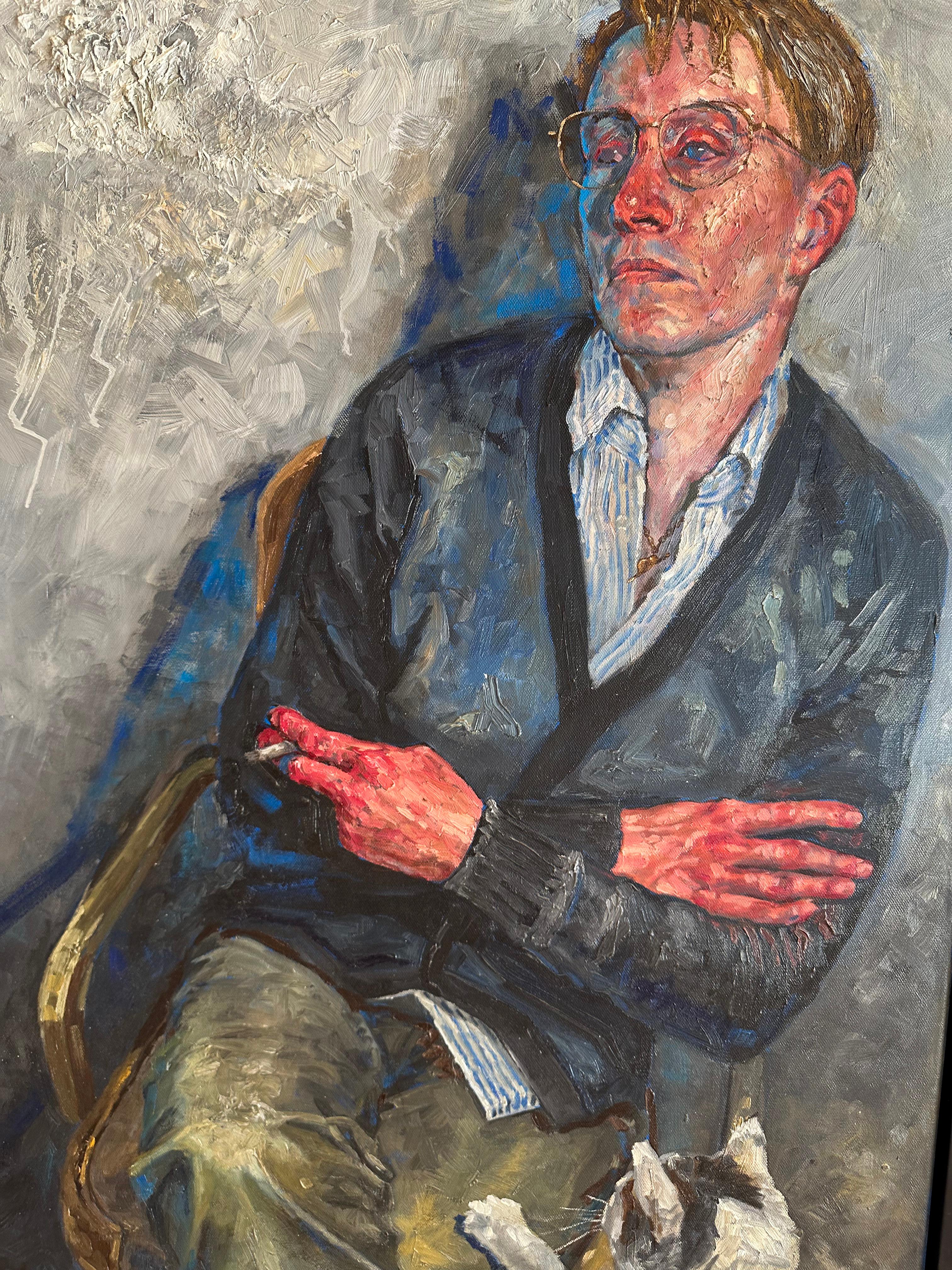 36 Años - Pintura al Óleo Original, Figura Masculina Solitaria Fumando en una Silla en venta 2
