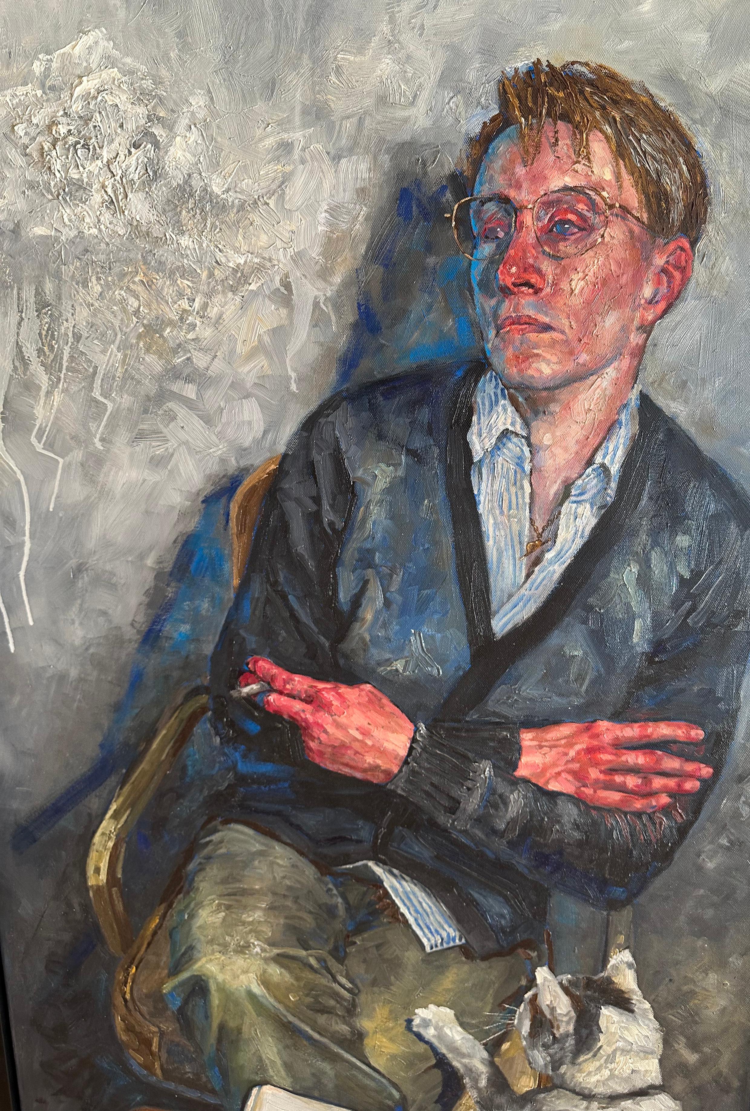 36 Años - Pintura al Óleo Original, Figura Masculina Solitaria Fumando en una Silla en venta 1