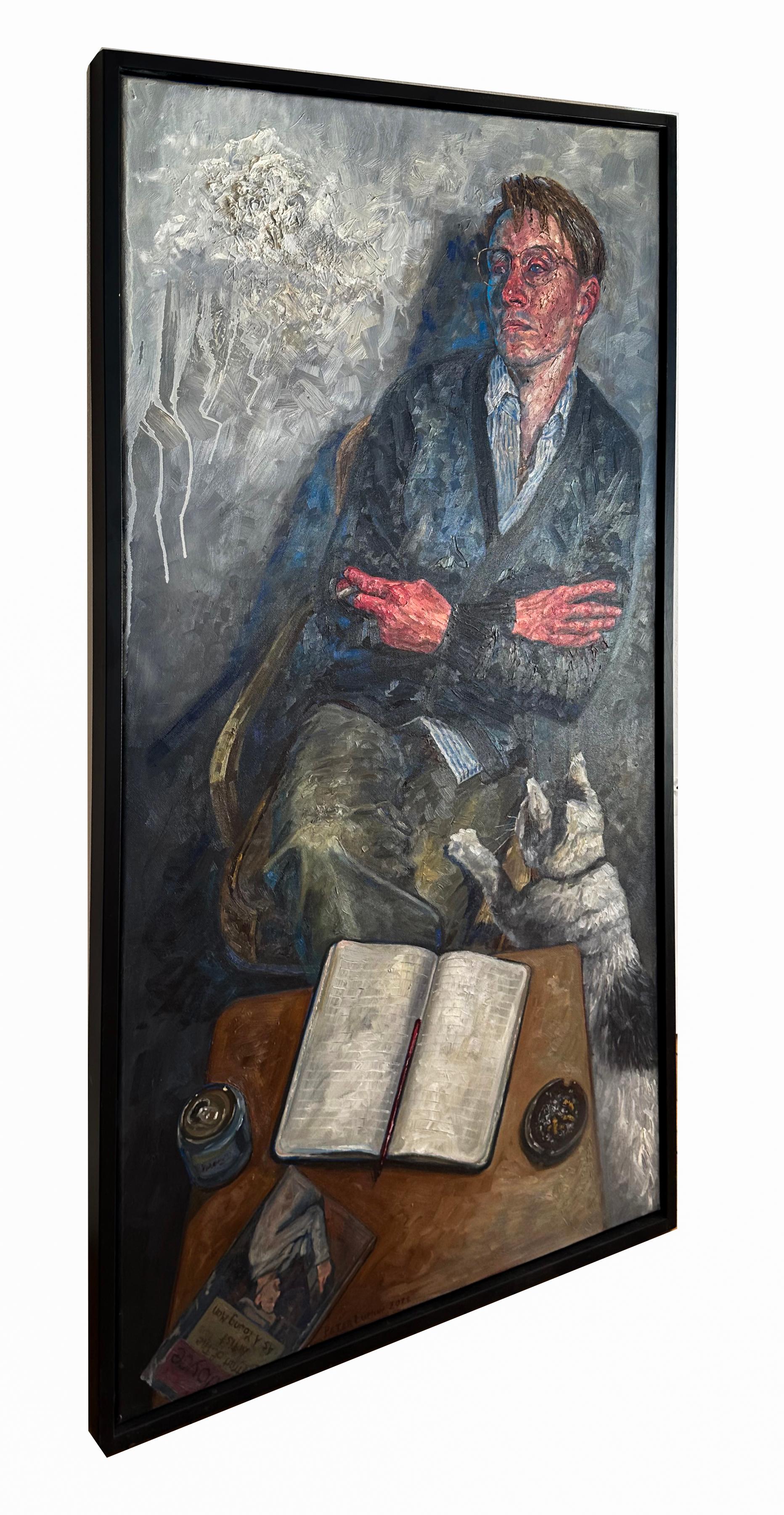 36 Años - Pintura al Óleo Original, Figura Masculina Solitaria Fumando en una Silla - Painting de Peter Lupkin