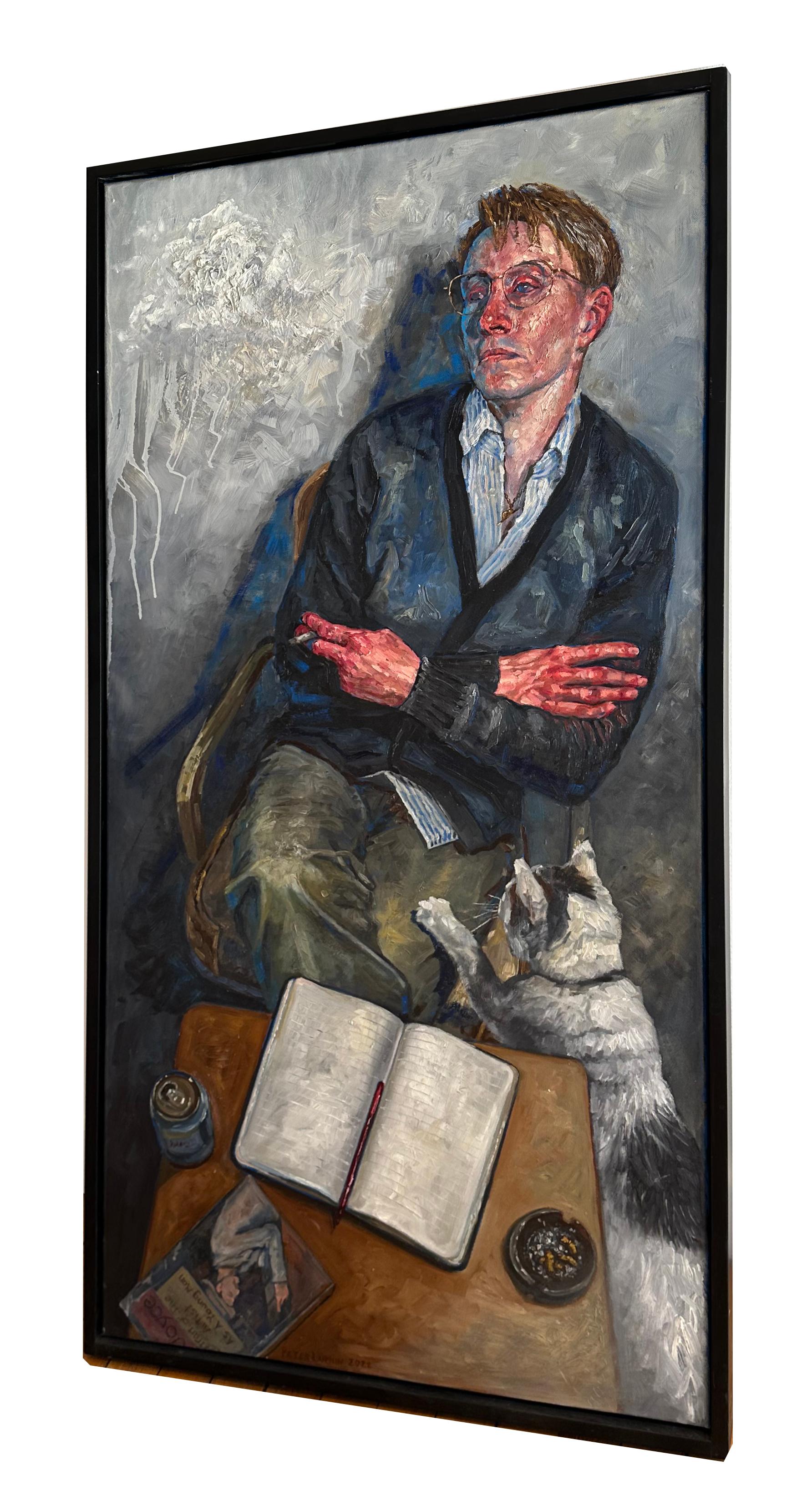 36 Años - Pintura al Óleo Original, Figura Masculina Solitaria Fumando en una Silla - Painting Contemporáneo de Peter Lupkin
