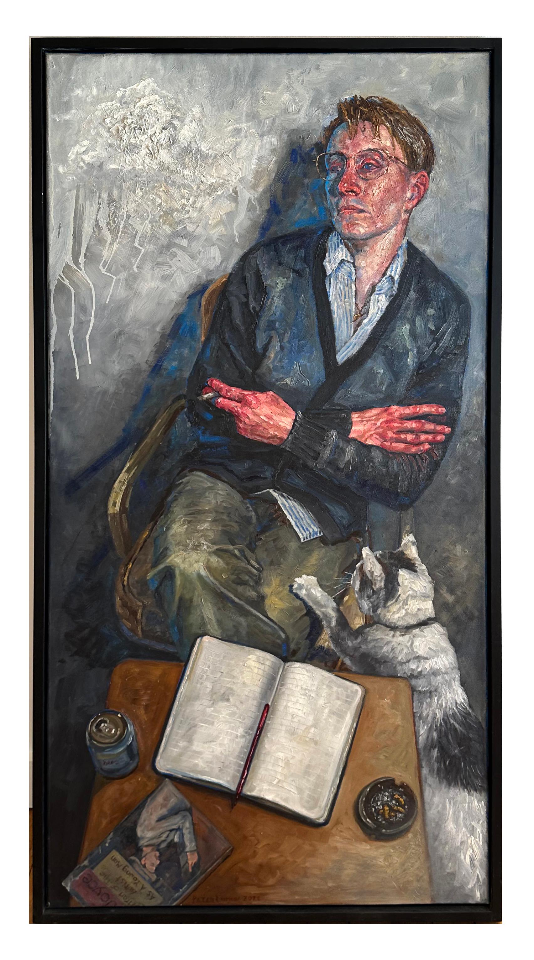 36 Años - Pintura al Óleo Original, Figura Masculina Solitaria Fumando en una Silla - Figurative Painting Negro de Peter Lupkin
