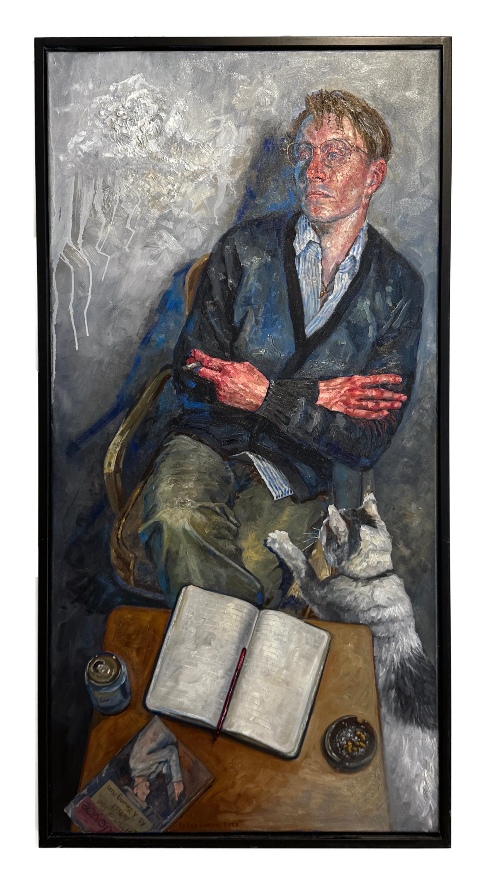 Figurative Painting de Peter Lupkin - 36 Años - Pintura al Óleo Original, Figura Masculina Solitaria Fumando en una Silla