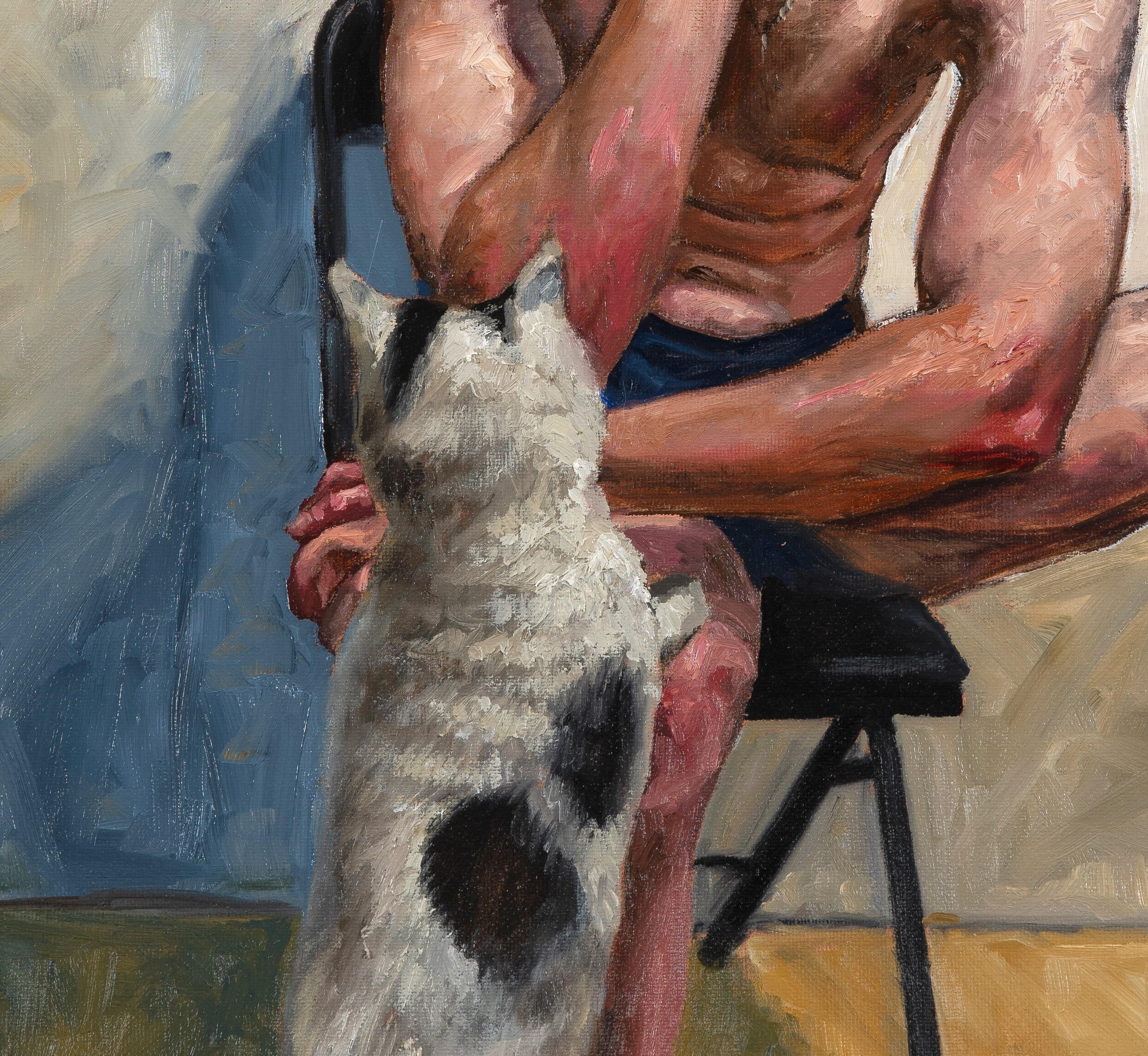 An always available and willing subject, the artist paints himself in this completely relaxed pose.  With his favorite studio companion, his cat Gattone and a cigarette, Lupkin uses loose brushwork, heavy paint and a warm palette to create this very