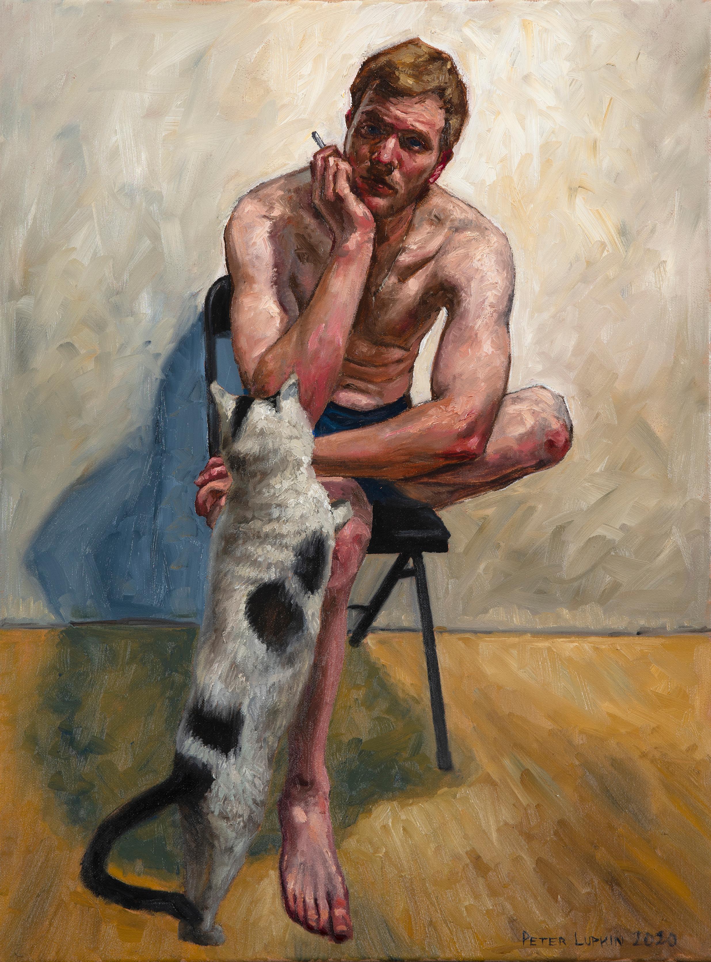Peter Lupkin Figurative Painting - A Different Self Portrait, Artist in His Studio with Cat, Original Oil Painting