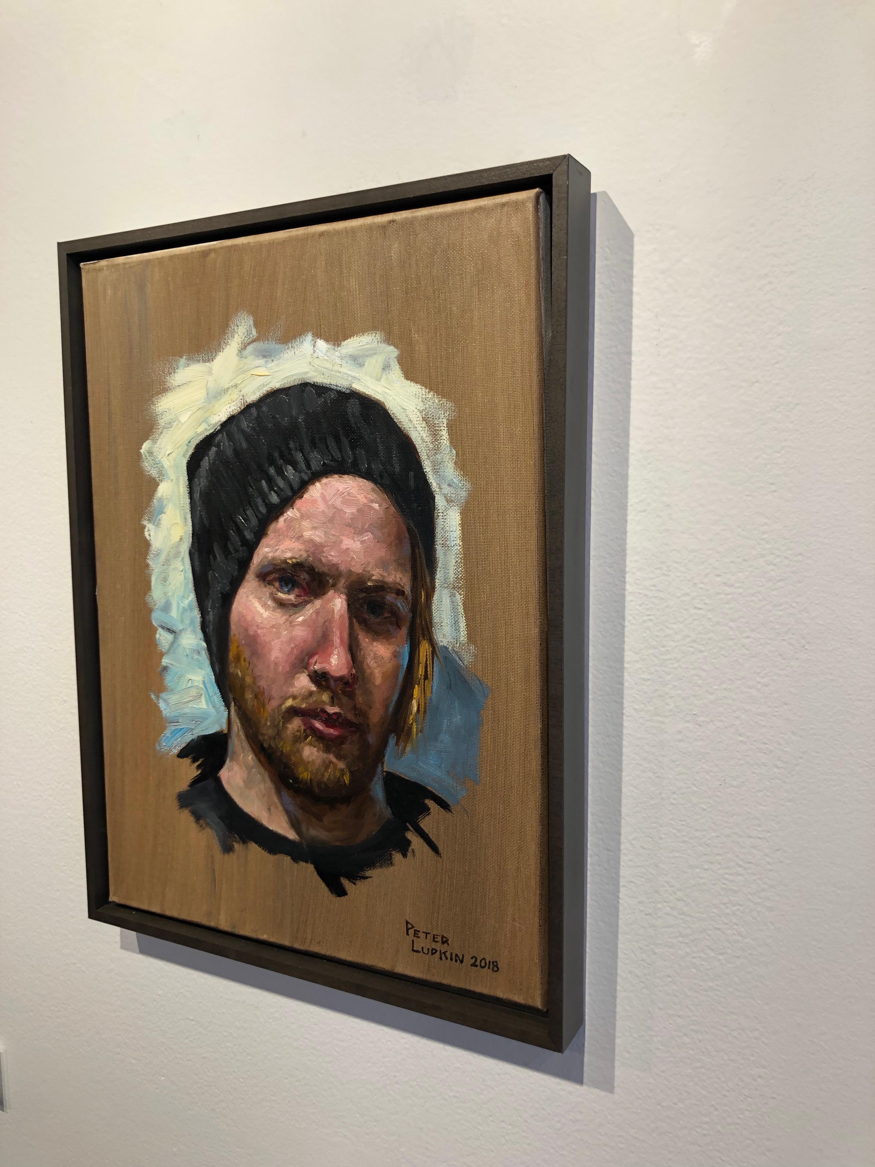 Ben - Original Oil Painting Portrait of the Artist's Brother in a Beanie Cap - Brown Portrait Painting by Peter Lupkin