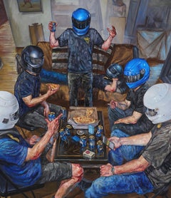 #Breaking - Group of Drifters Enjoying a Beer and Pizza von Peter Lupkin, gerahmt