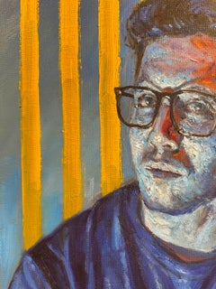 Contrastes - Peinture originale, homme en T-shirt portant des lunettes, encadrée