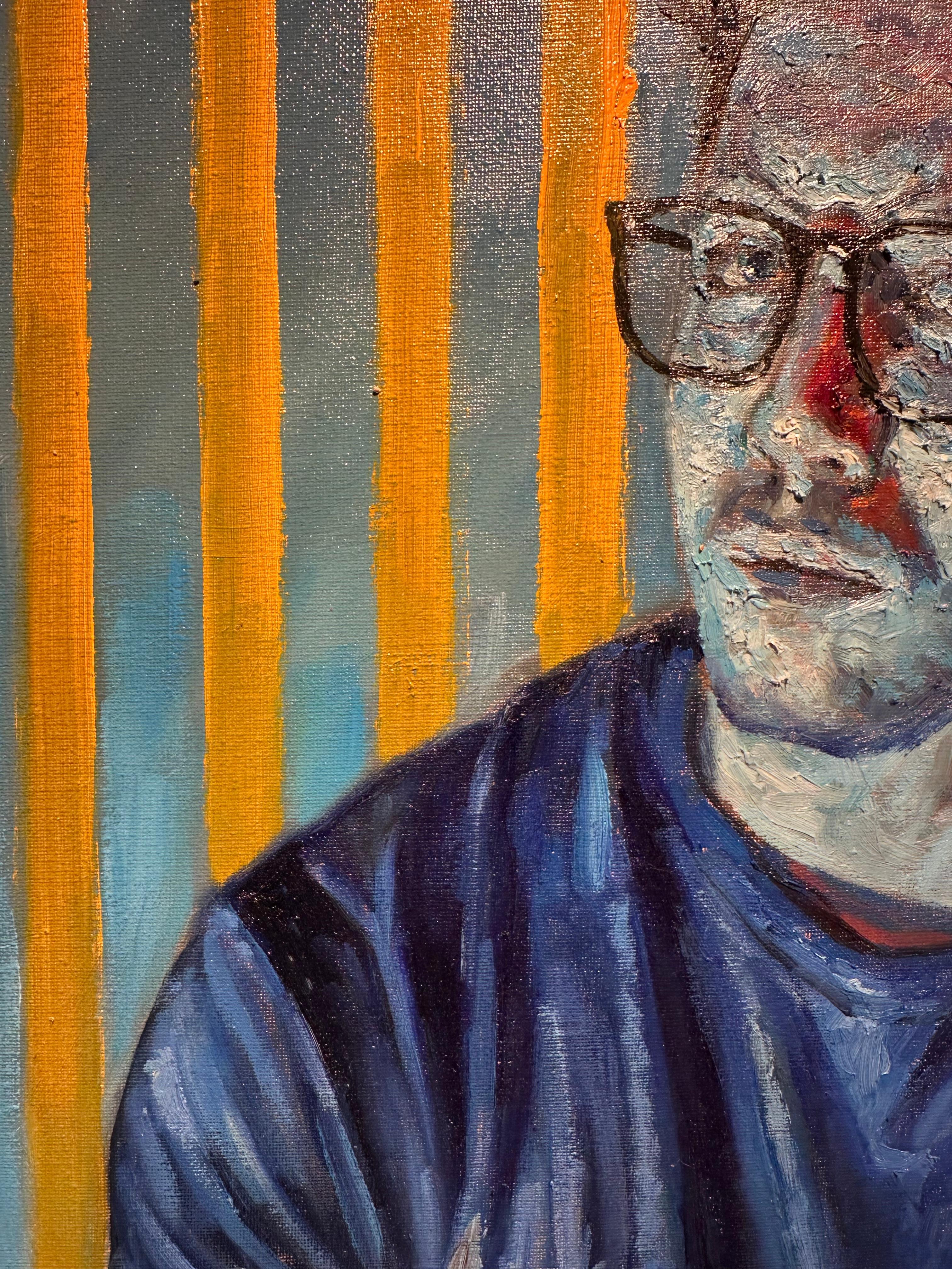 Contrasti - Quadro originale, ragazzo in maglietta che indossa occhiali, incorniciato - Painting Contemporaneo di Peter Lupkin