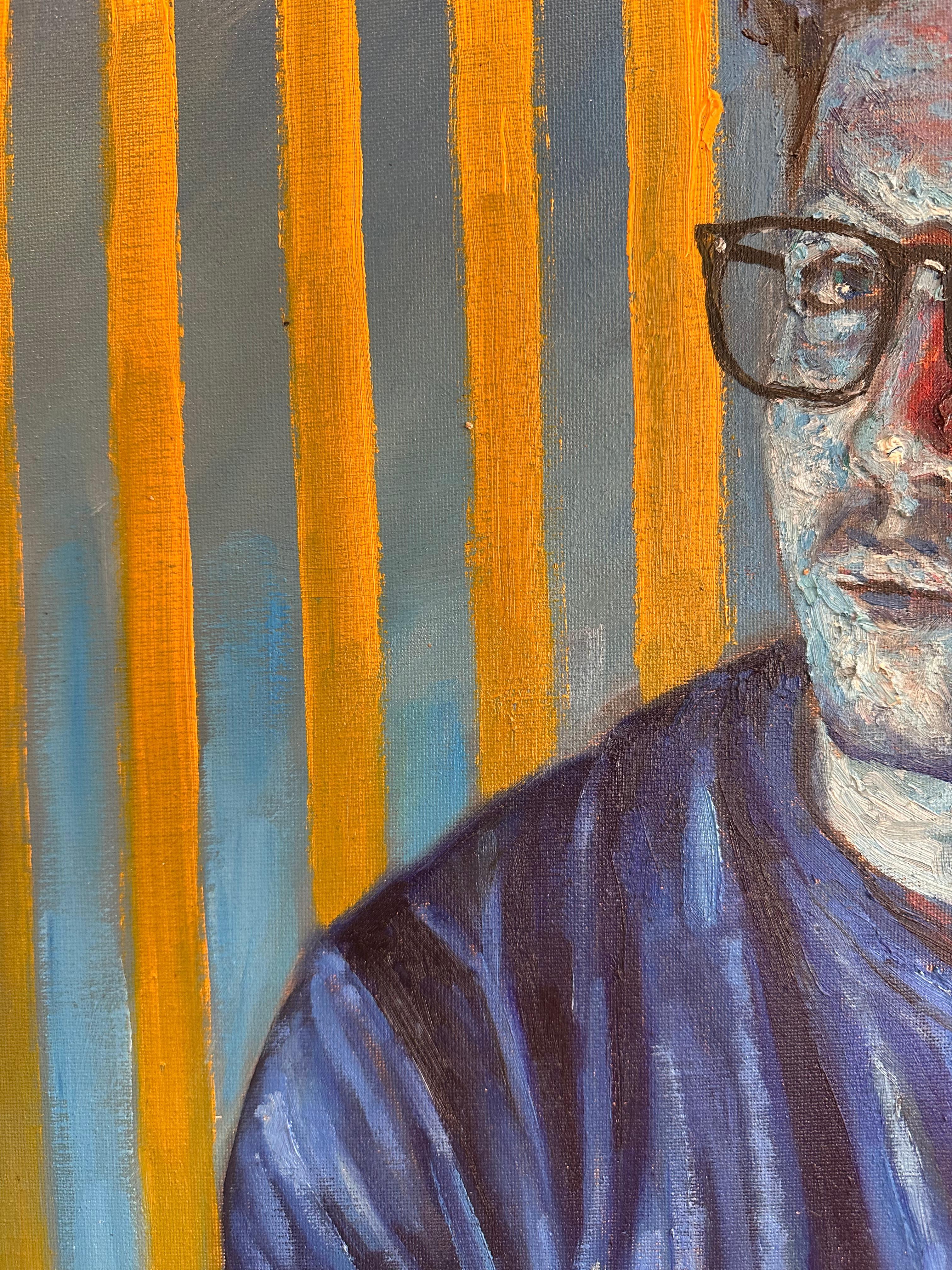 Contrasti - Quadro originale, ragazzo in maglietta che indossa occhiali, incorniciato - Figurative Painting Grigio di Peter Lupkin