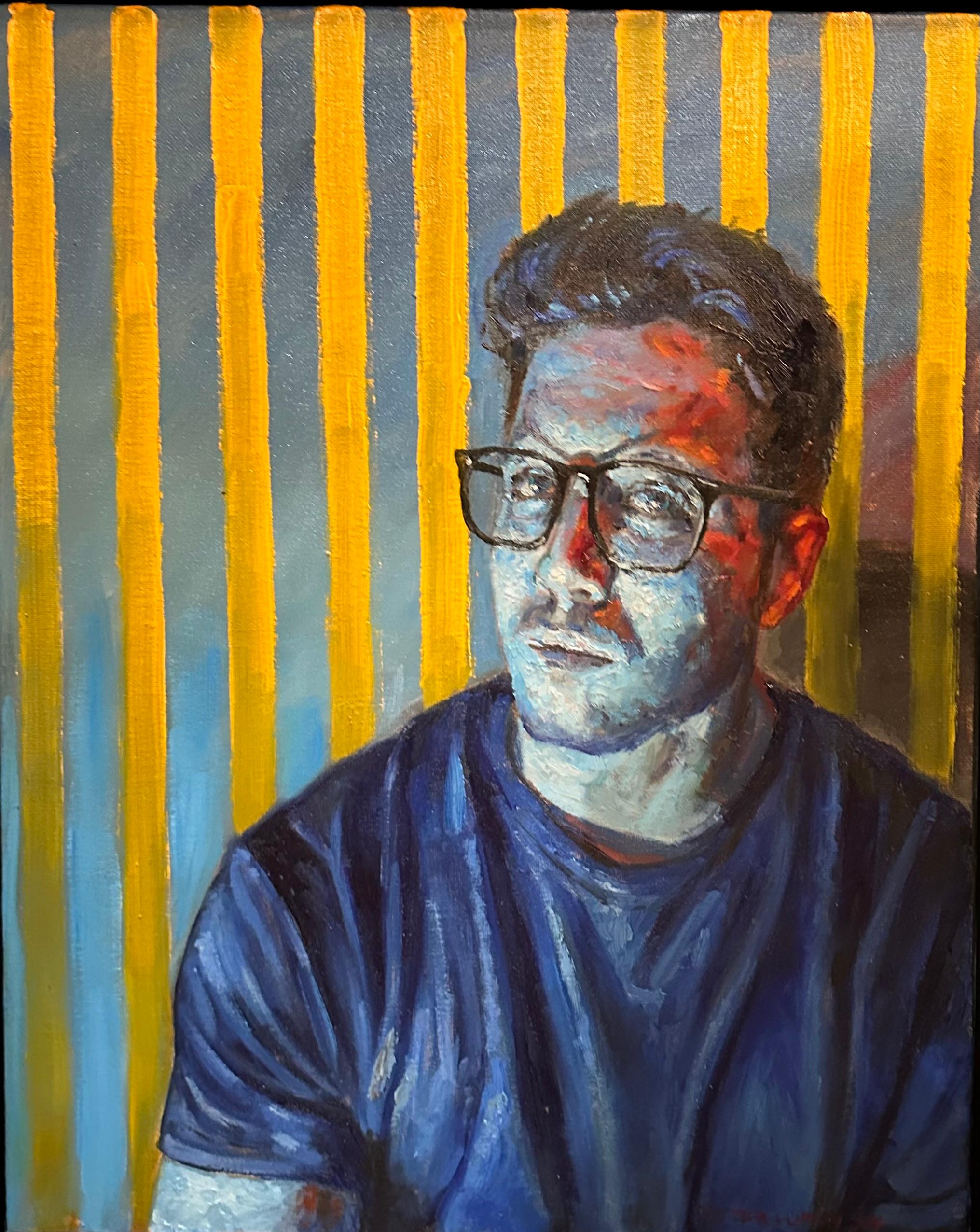Figurative Painting di Peter Lupkin - Contrasti - Quadro originale, ragazzo in maglietta che indossa occhiali, incorniciato