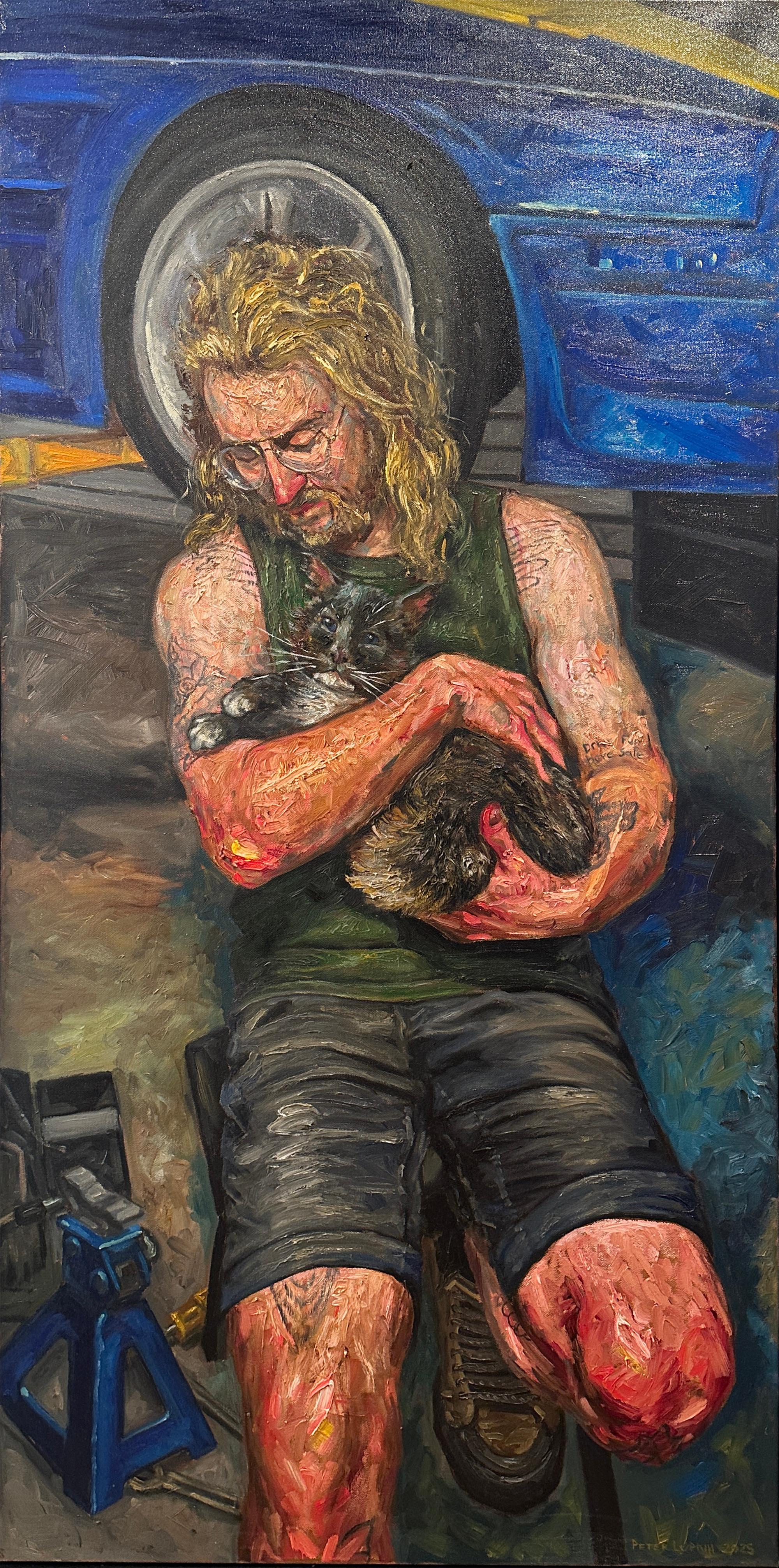 Figurative Painting Peter Lupkin - @dearderekking - Portrait d'un pilote après une course, berçant un chat, encadré